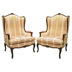 Vintage W & J Sloane French Louis XV Style Wingback Lounge Arm Chairs - a Pair