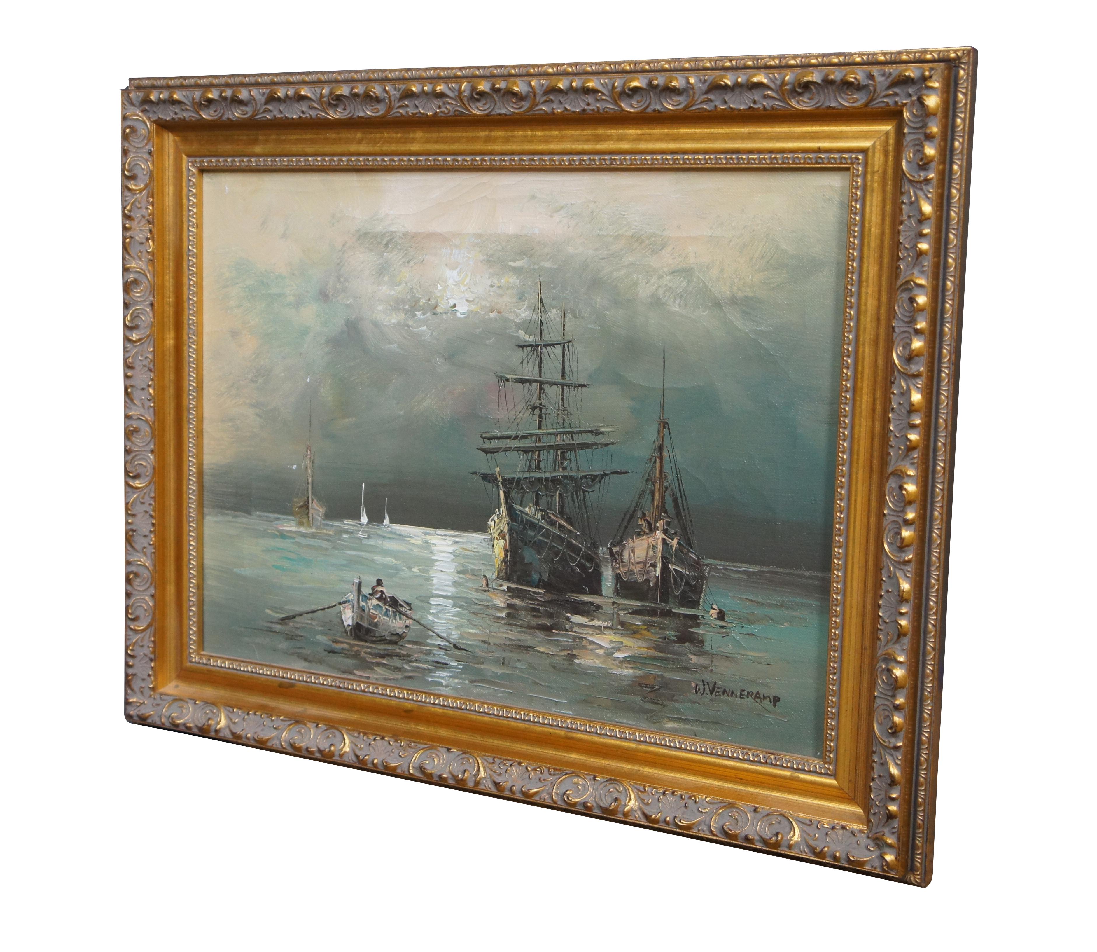 Late 20th century expressionist seascape showing several masted sailing ships and a row boat / dinghy, by W. Venneramp / Vannerkamp.

Measures: 19.75” x 1.25” x 15.75” / Sans Frame - 15.5” x 11.5” (Width x Depth x Height).