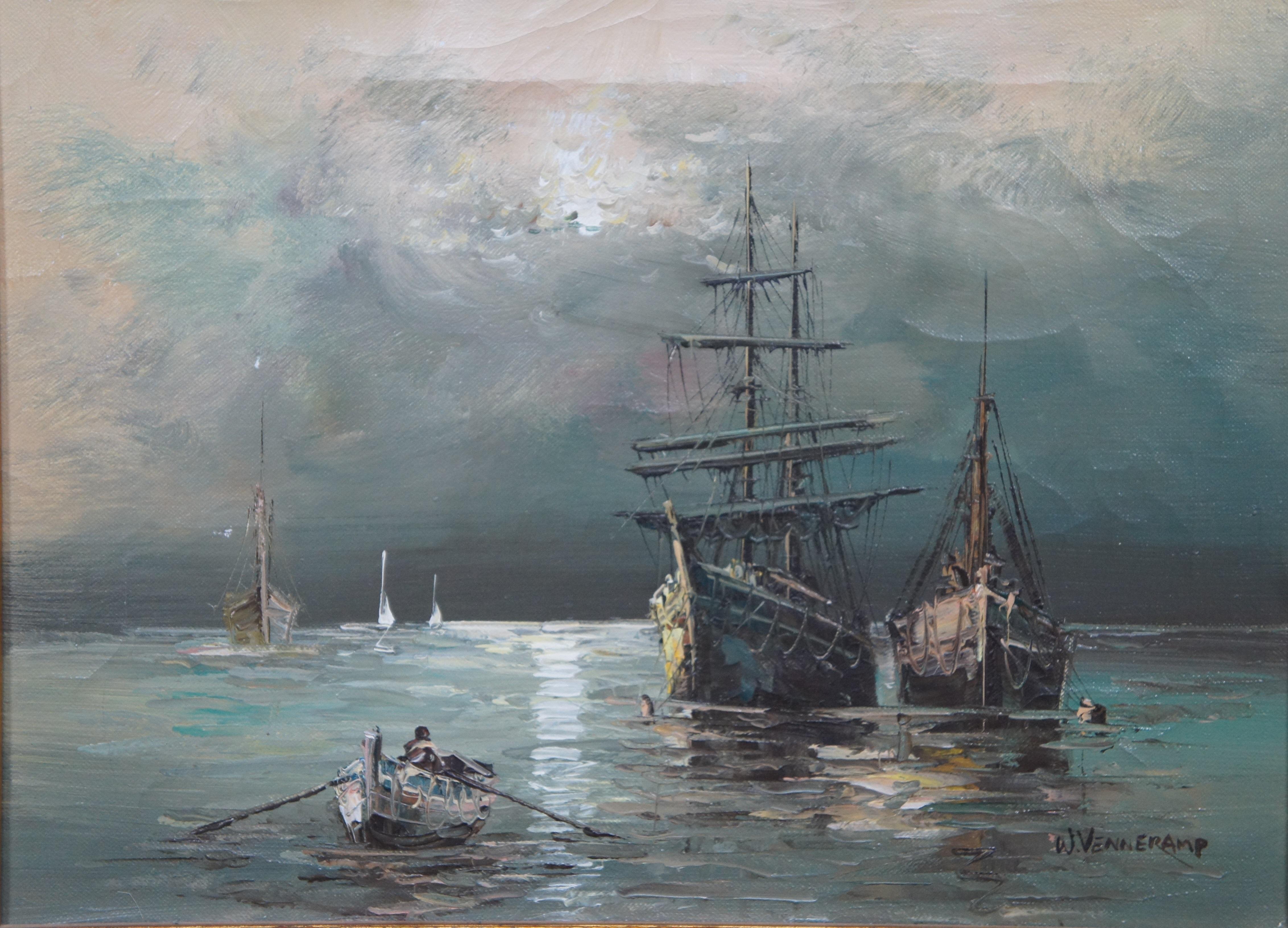 Canvas Vintage W. Venneramp Nautical Martime Seascape Saiboat Ship Oil Painting