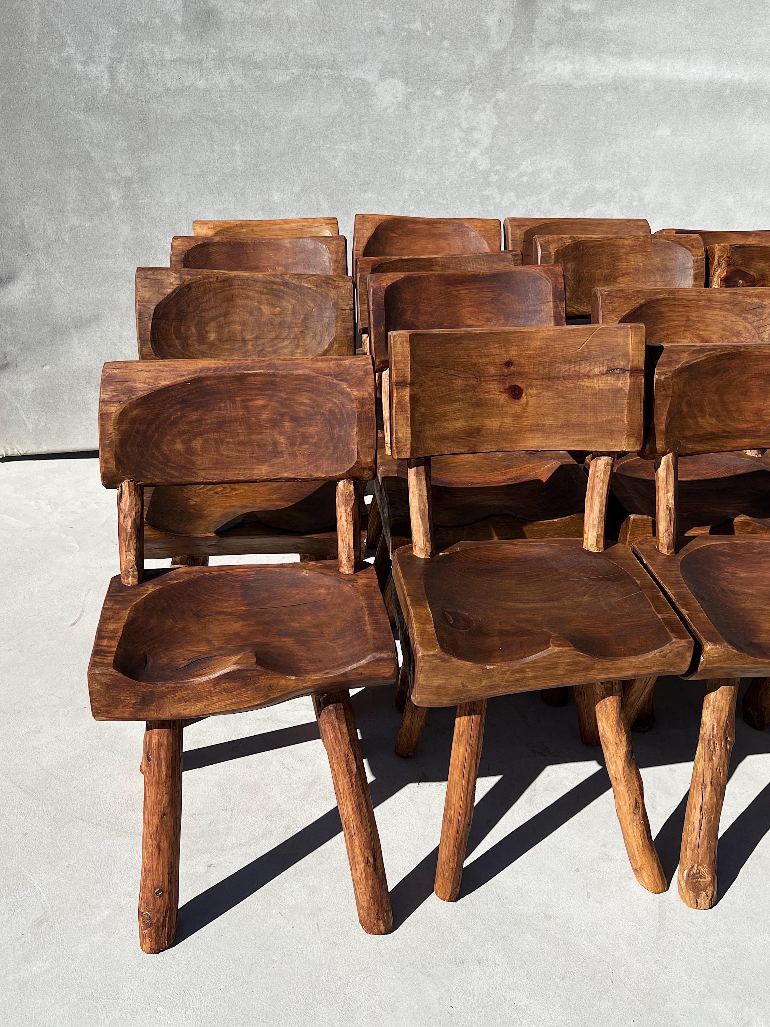 Hand-Carved Vintage Wabi Sabi Artisanal Wood Dining Chairs, Set of 16