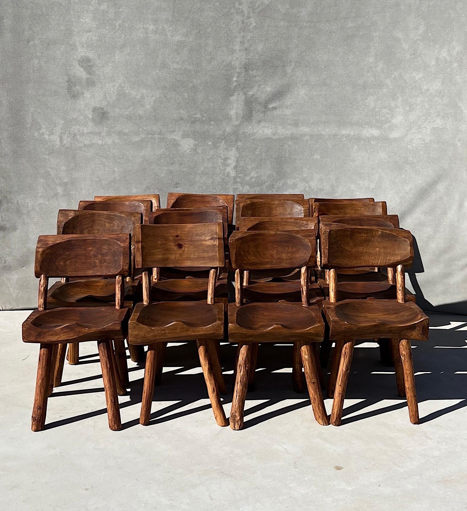 20th Century Vintage Wabi Sabi Artisanal Wood Dining Chairs, Set of 16