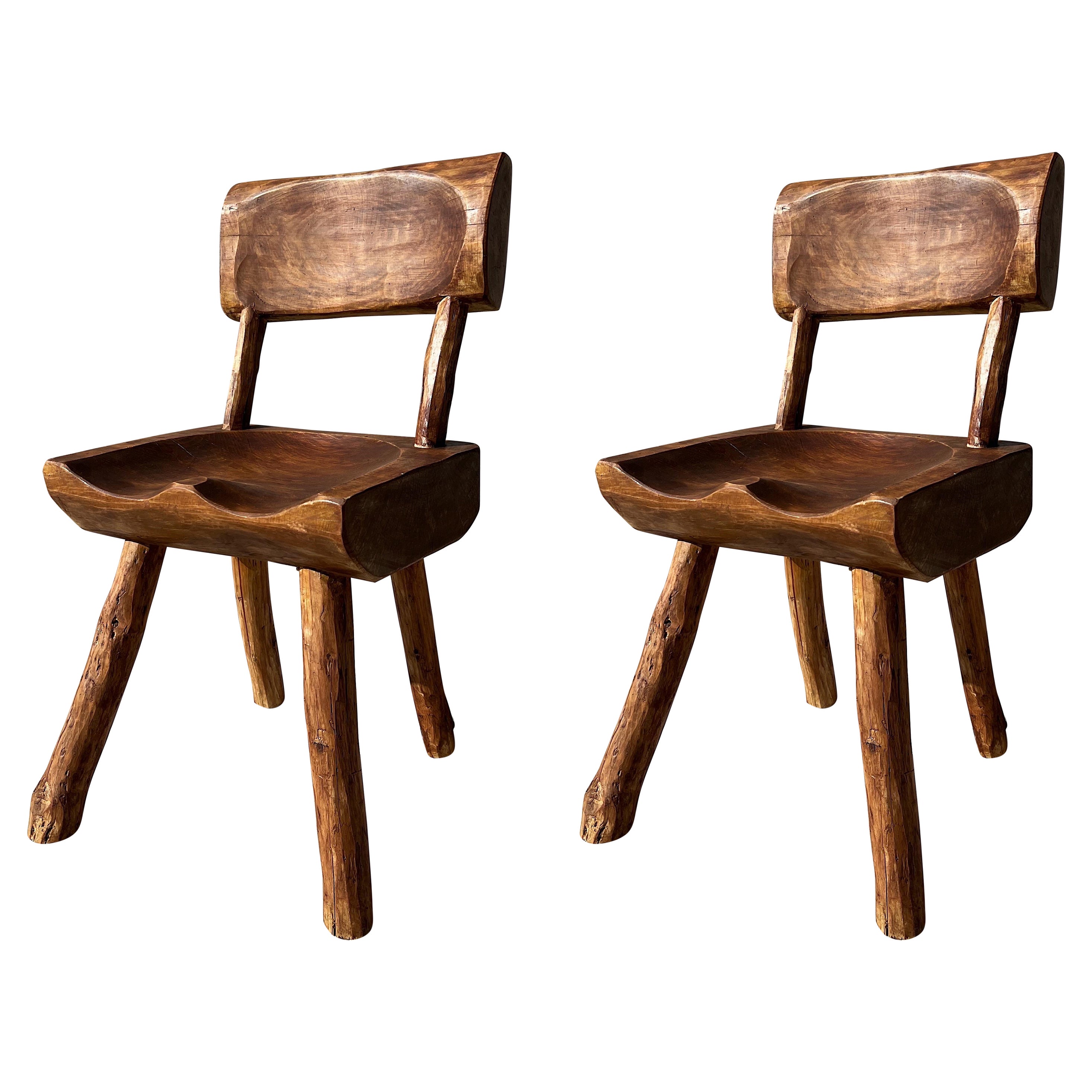 Vintage Wabi Sabi Artisanal Wood Dining Chairs, Set of 2