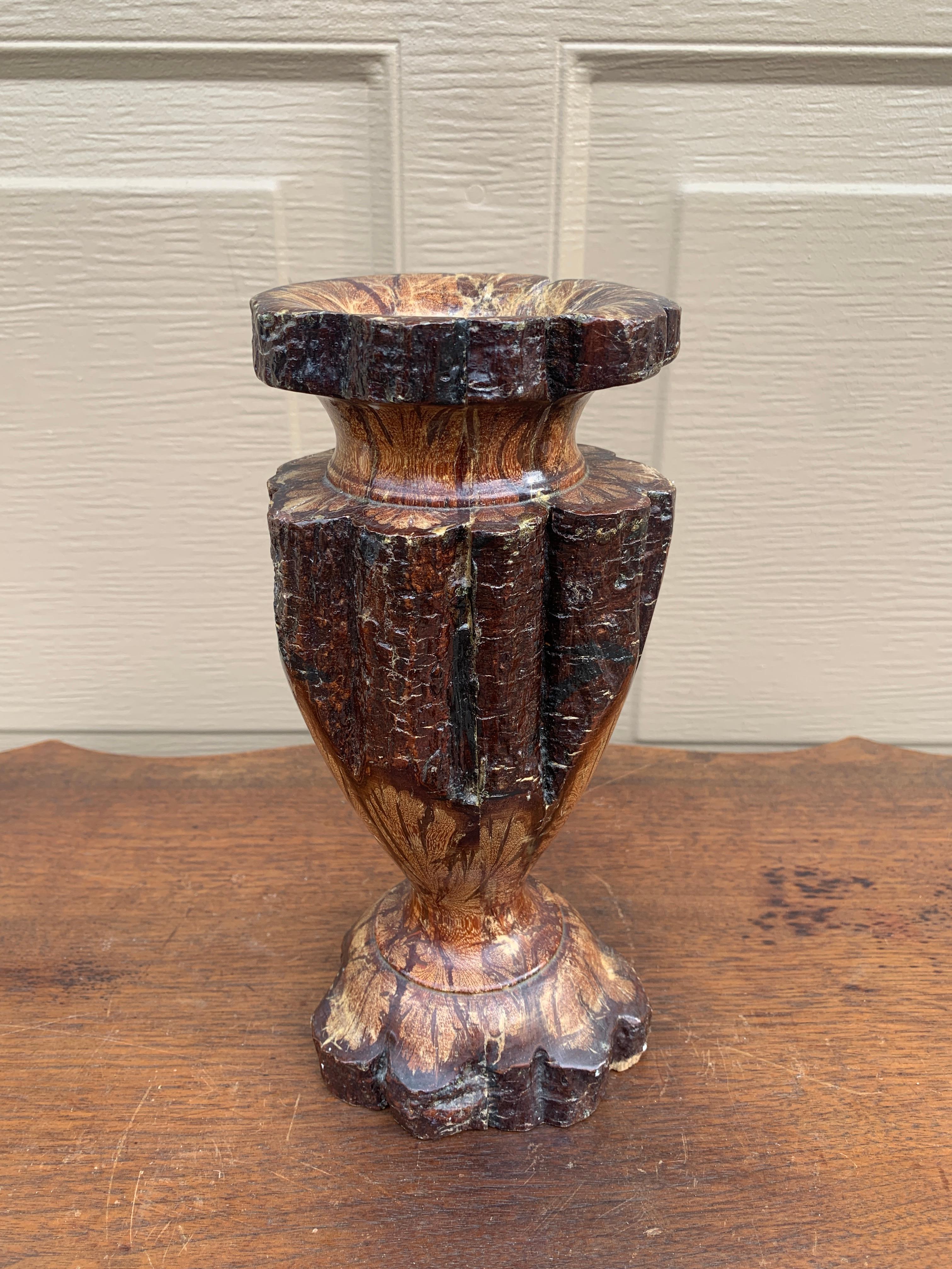 A gorgeous vintage Organic Modern Wabi-Sabi style hand carved chrysanthemum wood vase, originally retailed at Marshall Fields in Chicago

USA, Circa 1970s

Measures: 5
