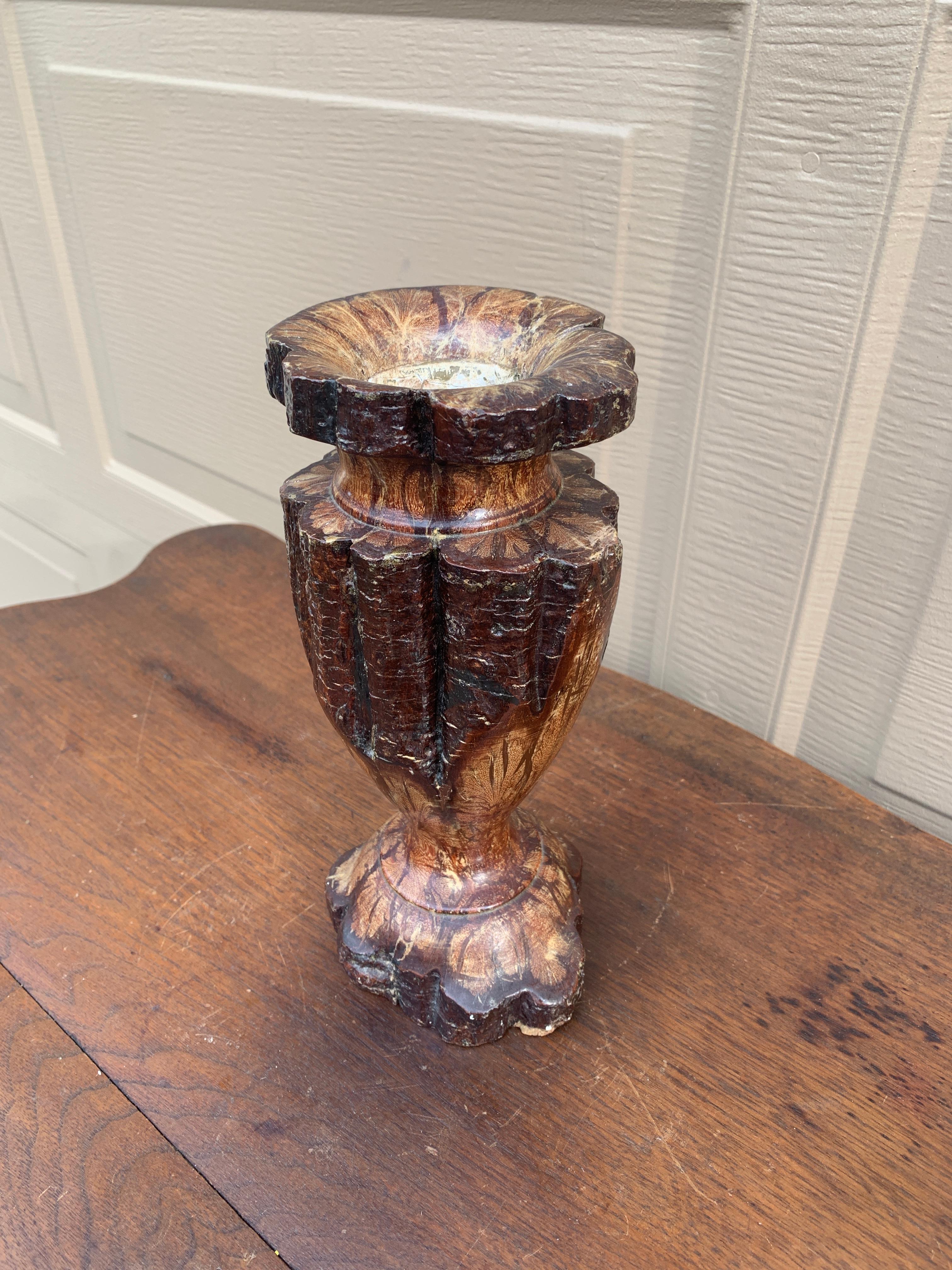 Organic Modern Vintage Wabi-Sabi Rustic Hand Carved Chrysanthemum Wood Vase For Sale