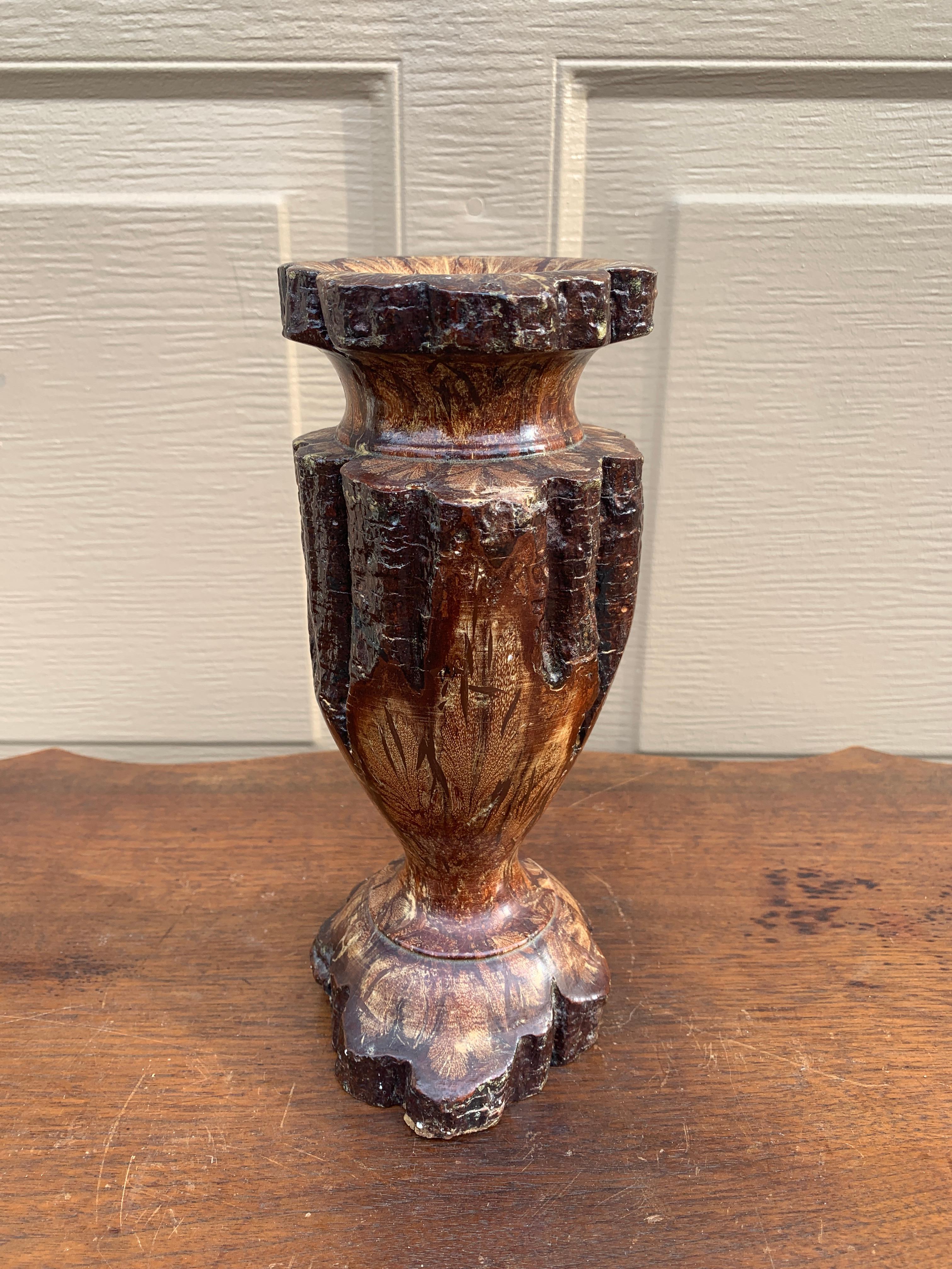 Late 20th Century Vintage Wabi-Sabi Rustic Hand Carved Chrysanthemum Wood Vase For Sale