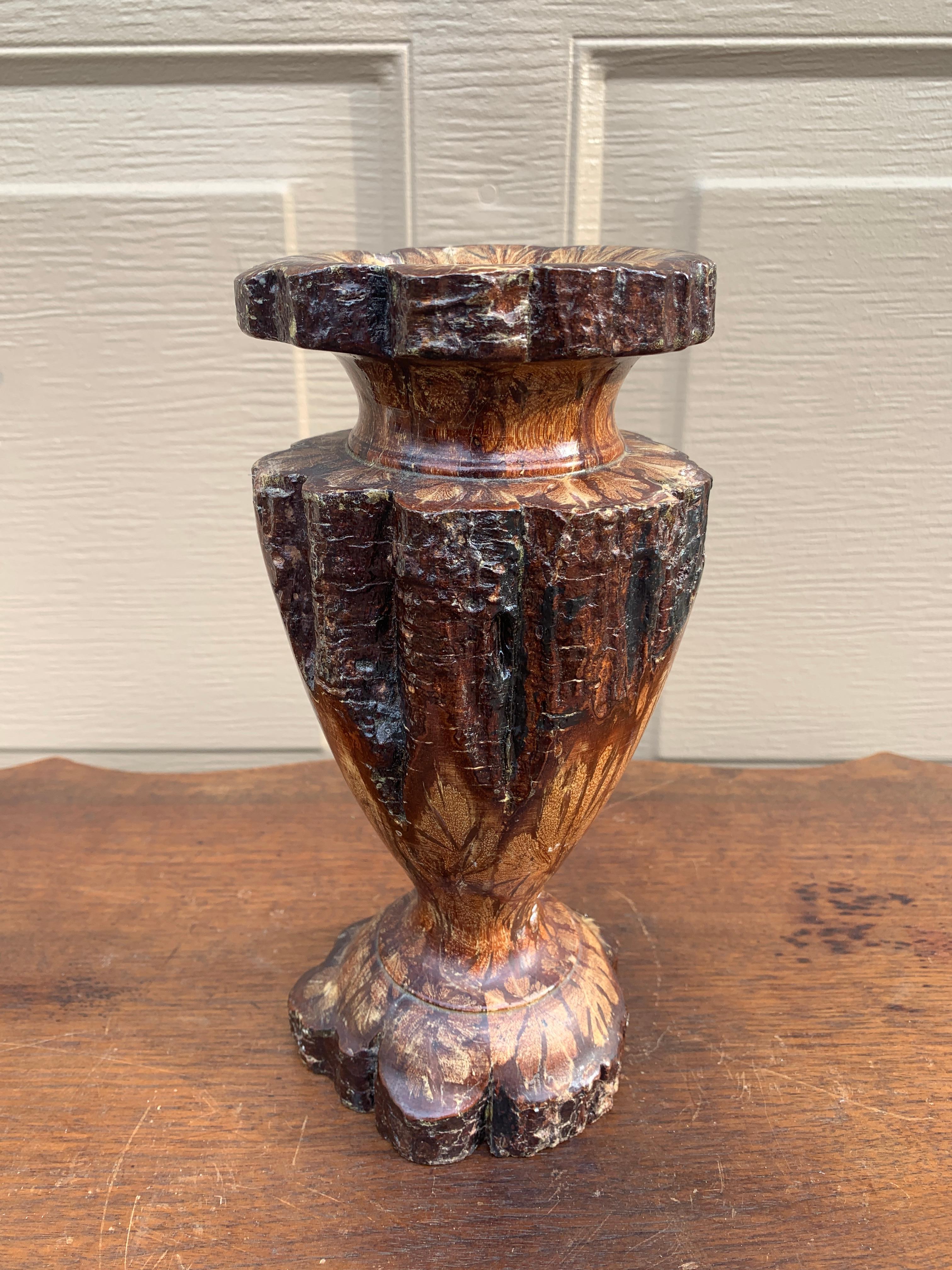 Vintage Wabi-Sabi Rustic Hand Carved Chrysanthemum Wood Vase For Sale 1