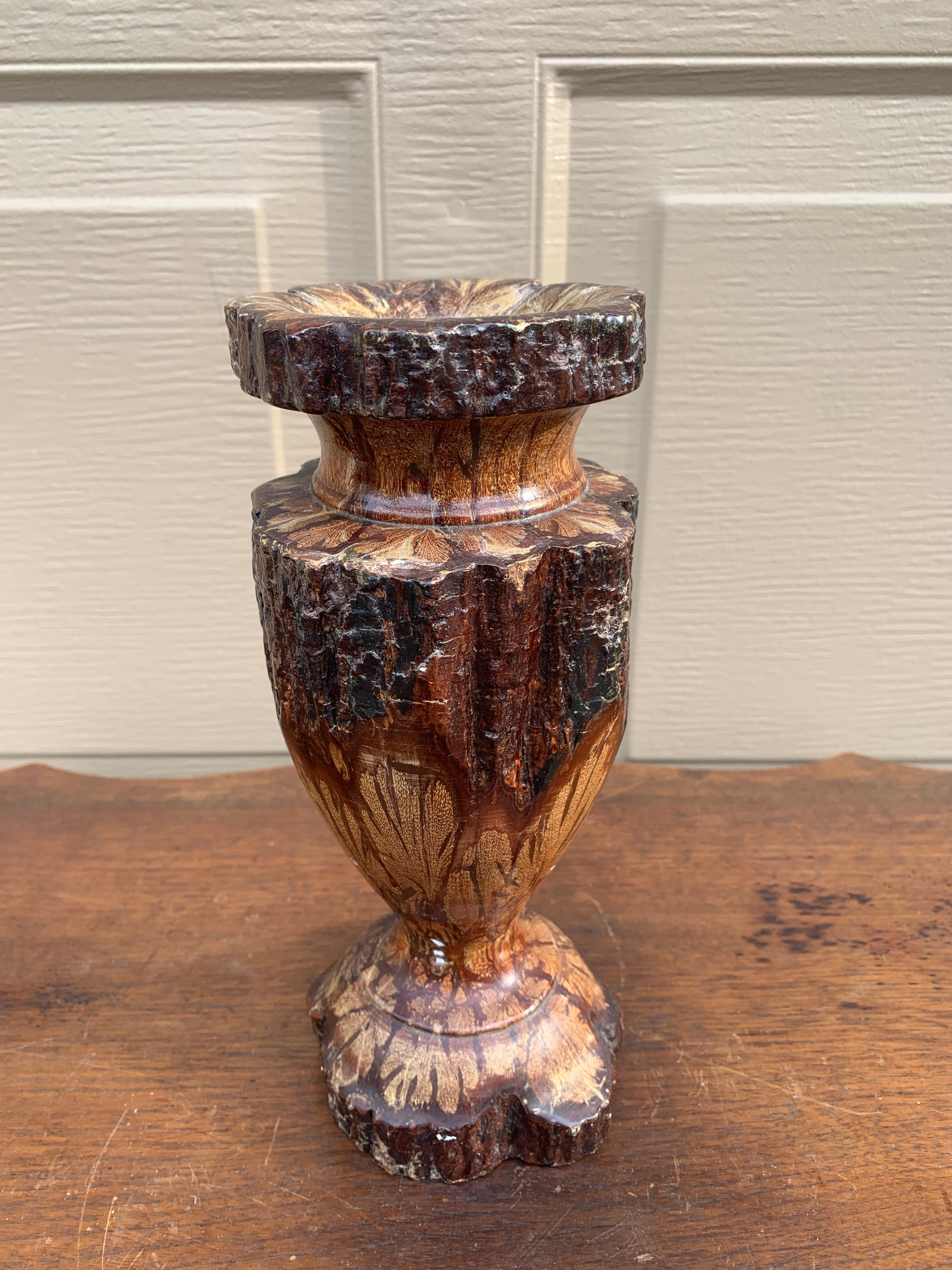 Vintage Wabi-Sabi Rustic Hand Carved Chrysanthemum Wood Vase For Sale 2