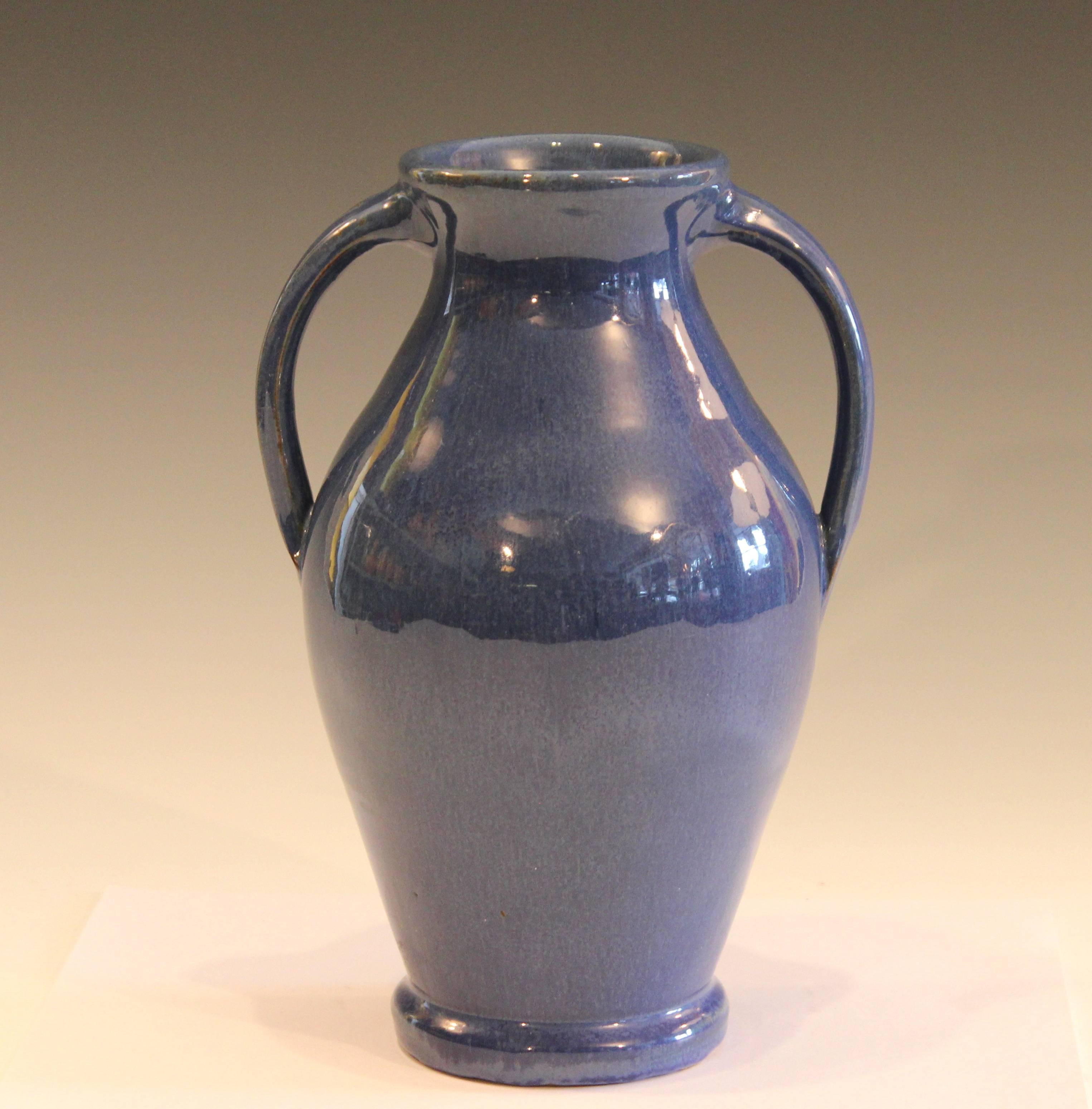 Vintage, hand-turned Waco, KY. Vase in variegated blue glaze, circa early to mid-20th century. Measures: 9 1/2
