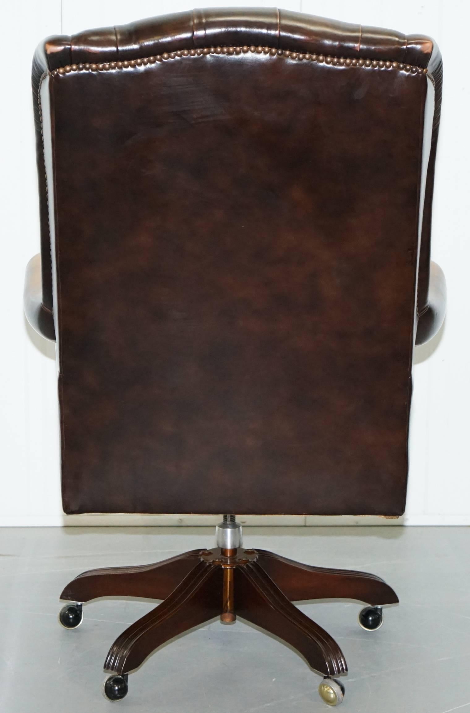 Vintage Wade Chesterfield Captains Wingback Office Chair Hand Dyed Brown Leather 4