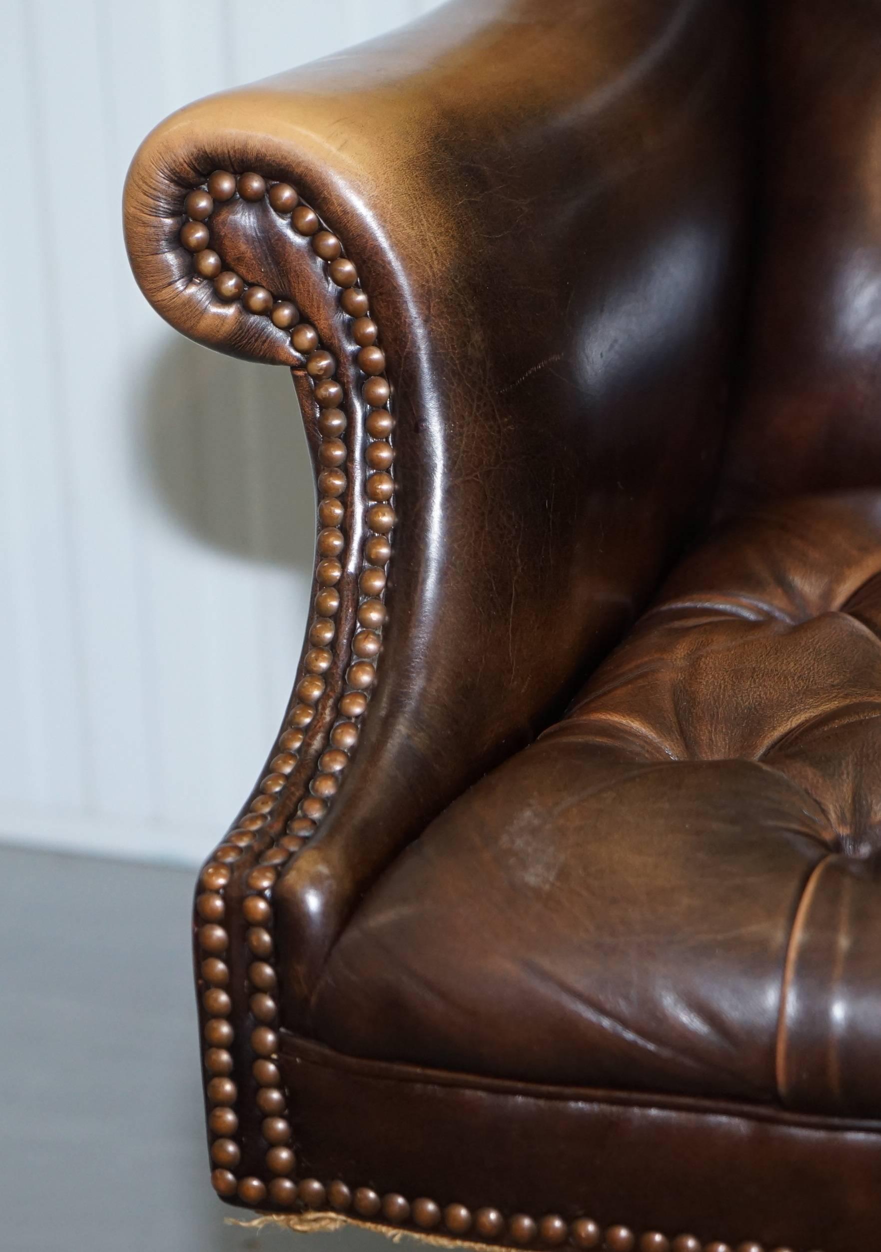 Vintage Wade Chesterfield Captains Wingback Office Chair Hand Dyed Brown Leather 8
