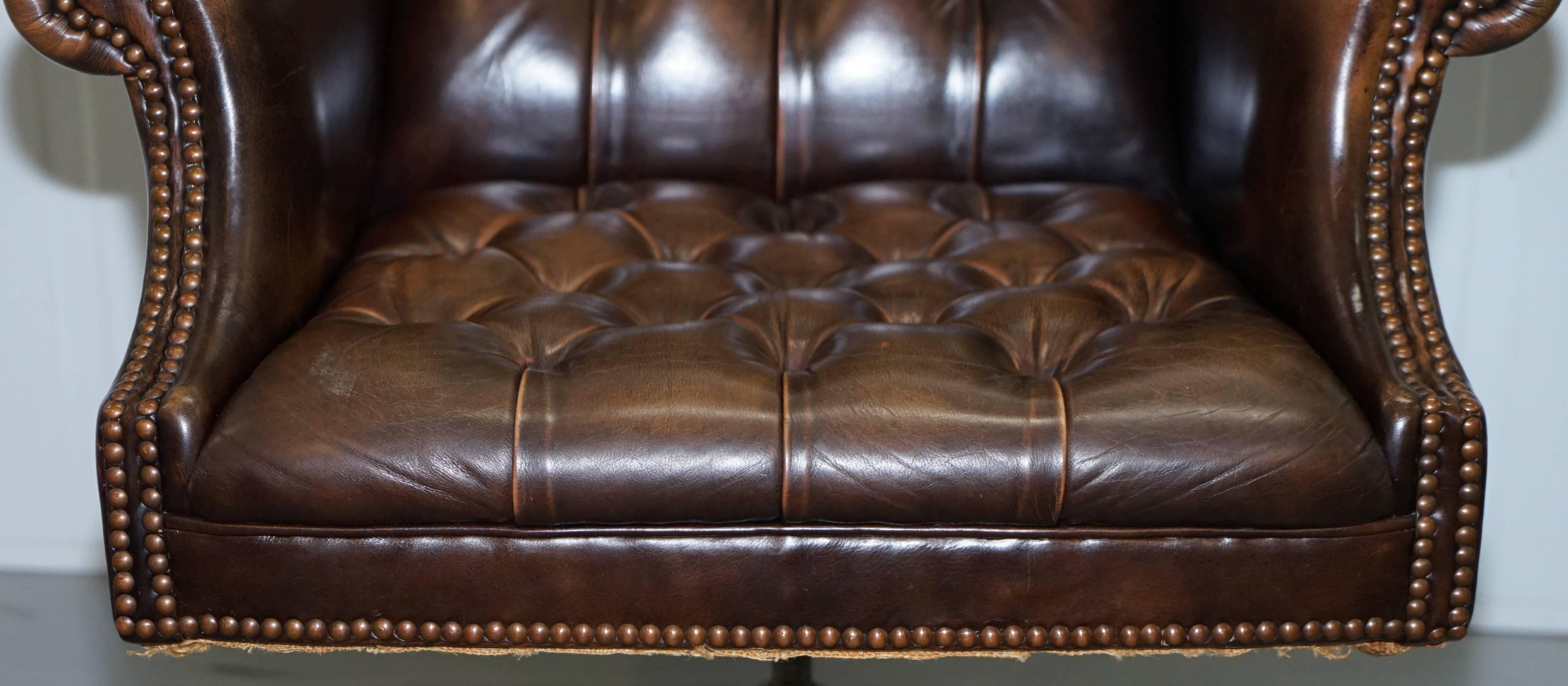 Vintage Wade Chesterfield Captains Wingback Office Chair Hand Dyed Brown Leather 8
