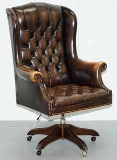 Vintage Wade Chesterfield Captains Wingback Office Chair Hand Dyed Brown Leather