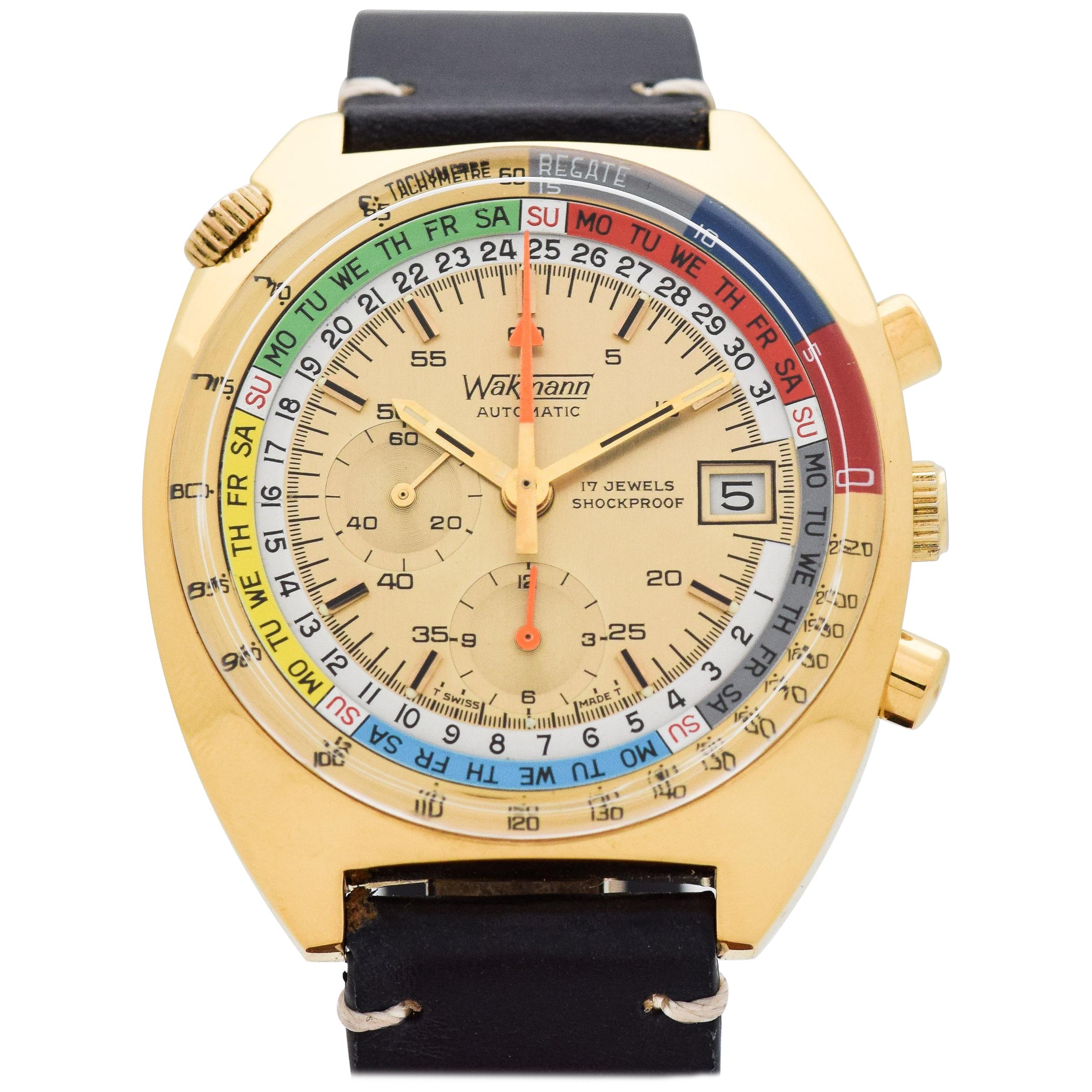 Vintage Wakmann Automatic Chronograph Base Metal & Stainless Steel Watch, 1970s For Sale