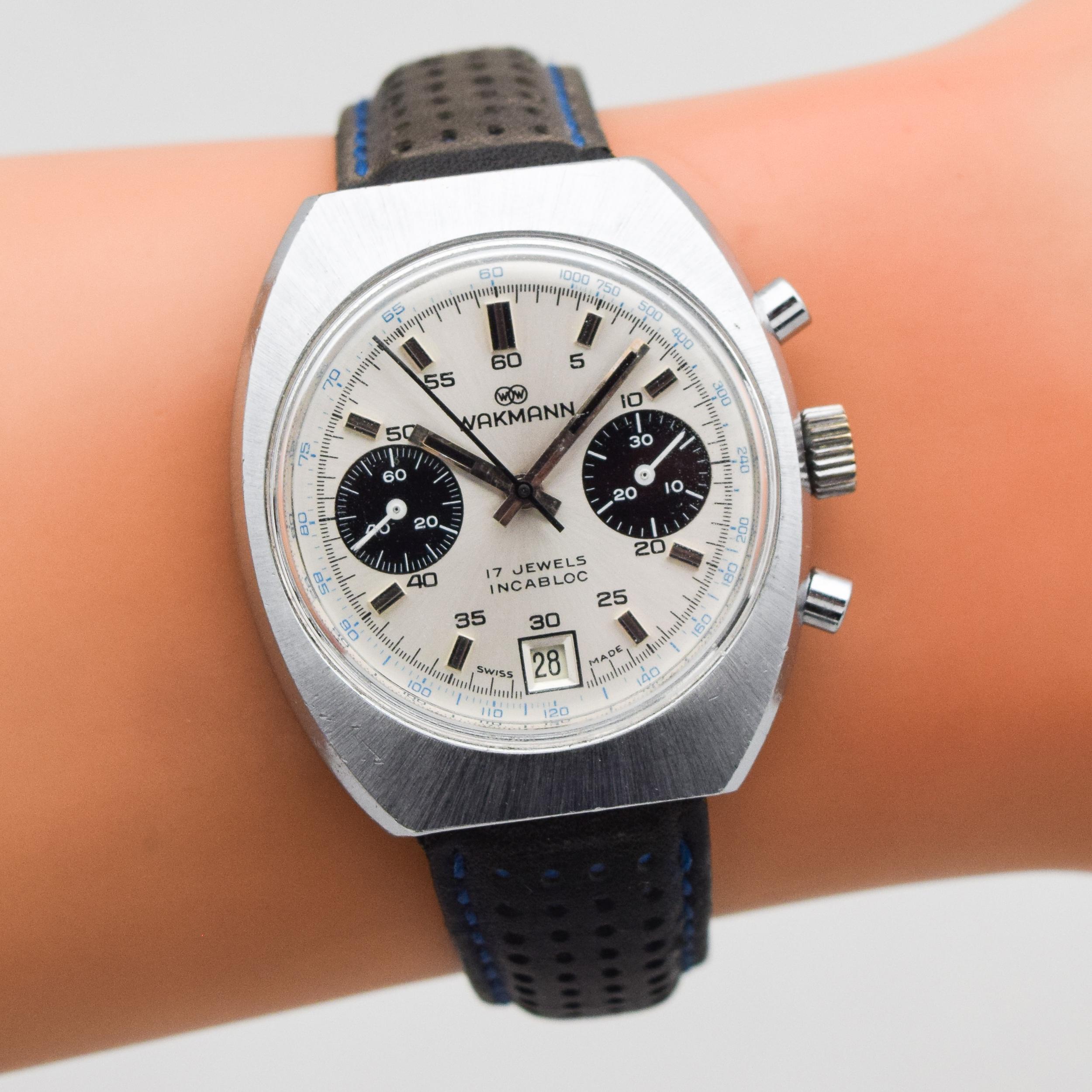 Vintage Wakmann Chronograph Stainless Steel Watch, 1970s For Sale 1