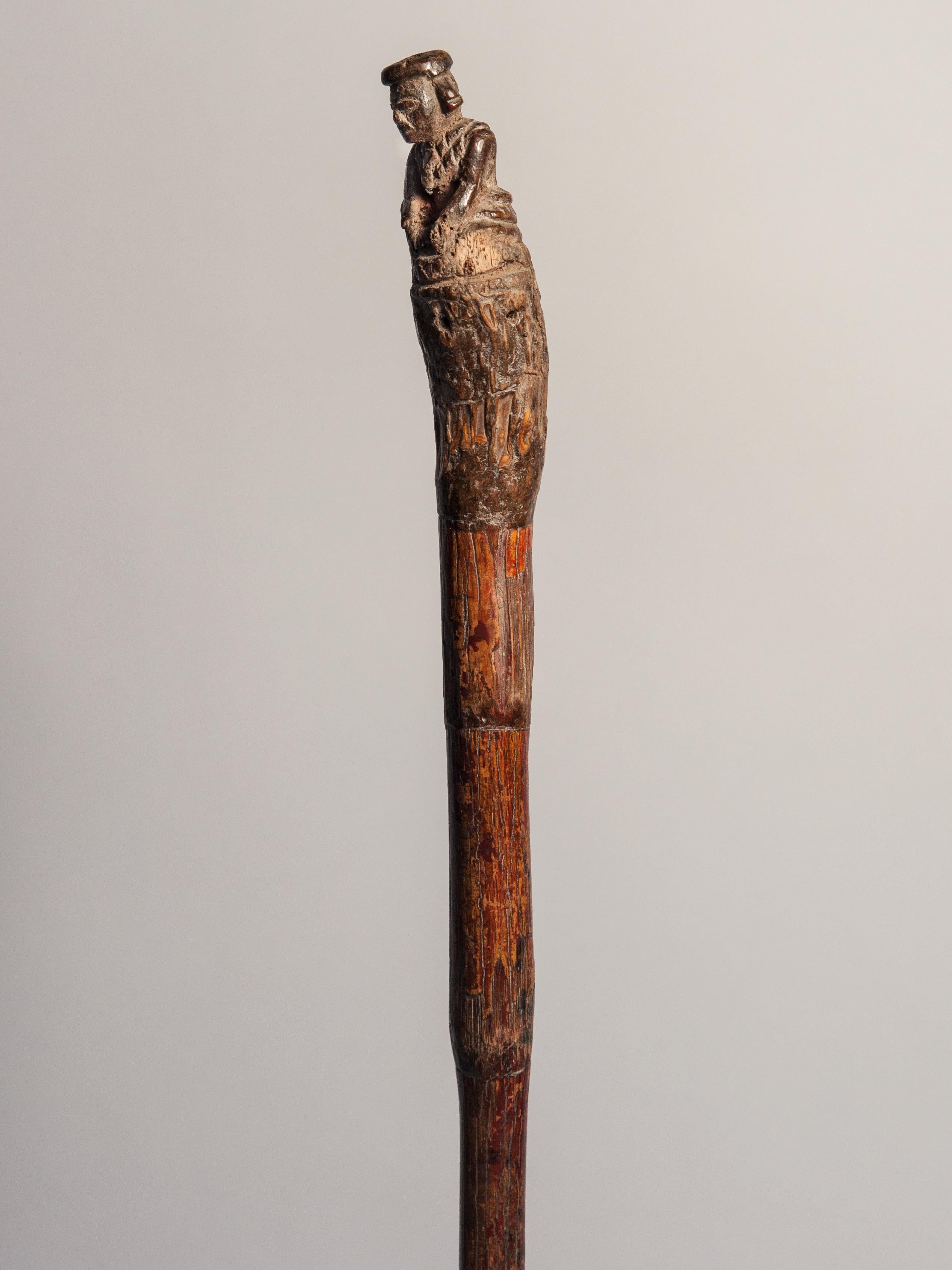 Folk Art Vintage Walking Stick with Carved Figure, from Burma, Bamboo, Early 20th Century