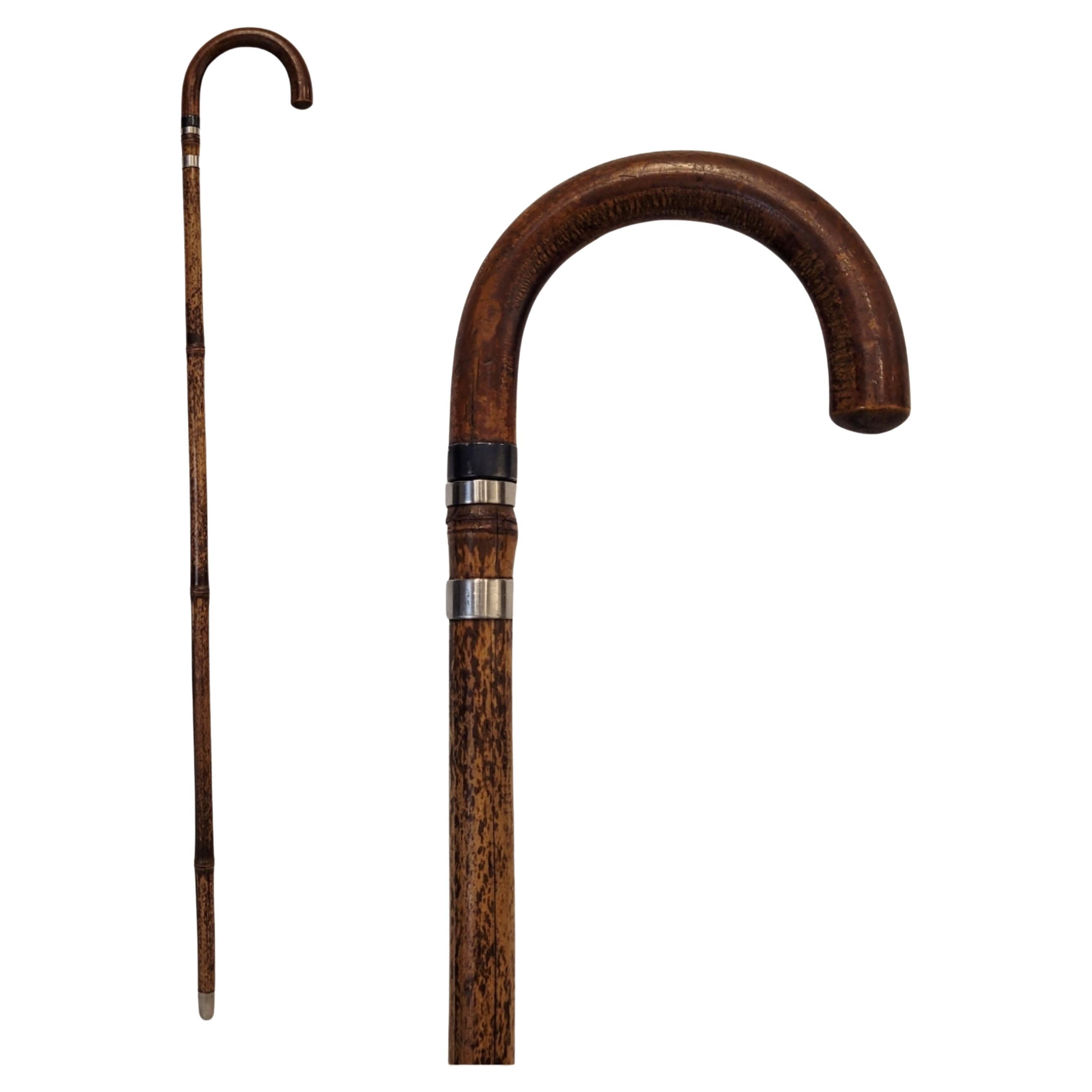 Vintage walking stick with horse measuring tape in bamboo, metal ferrule France