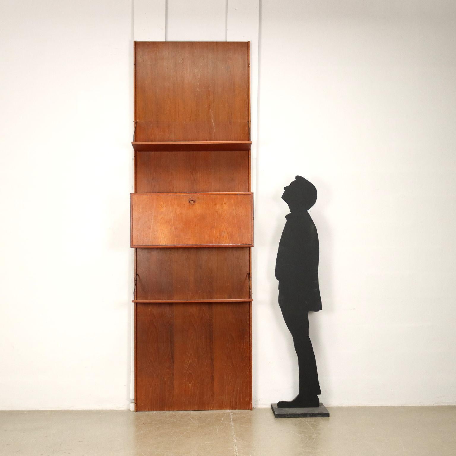 Wall bookcase with container elements and adjustable shelves in teak veneer.