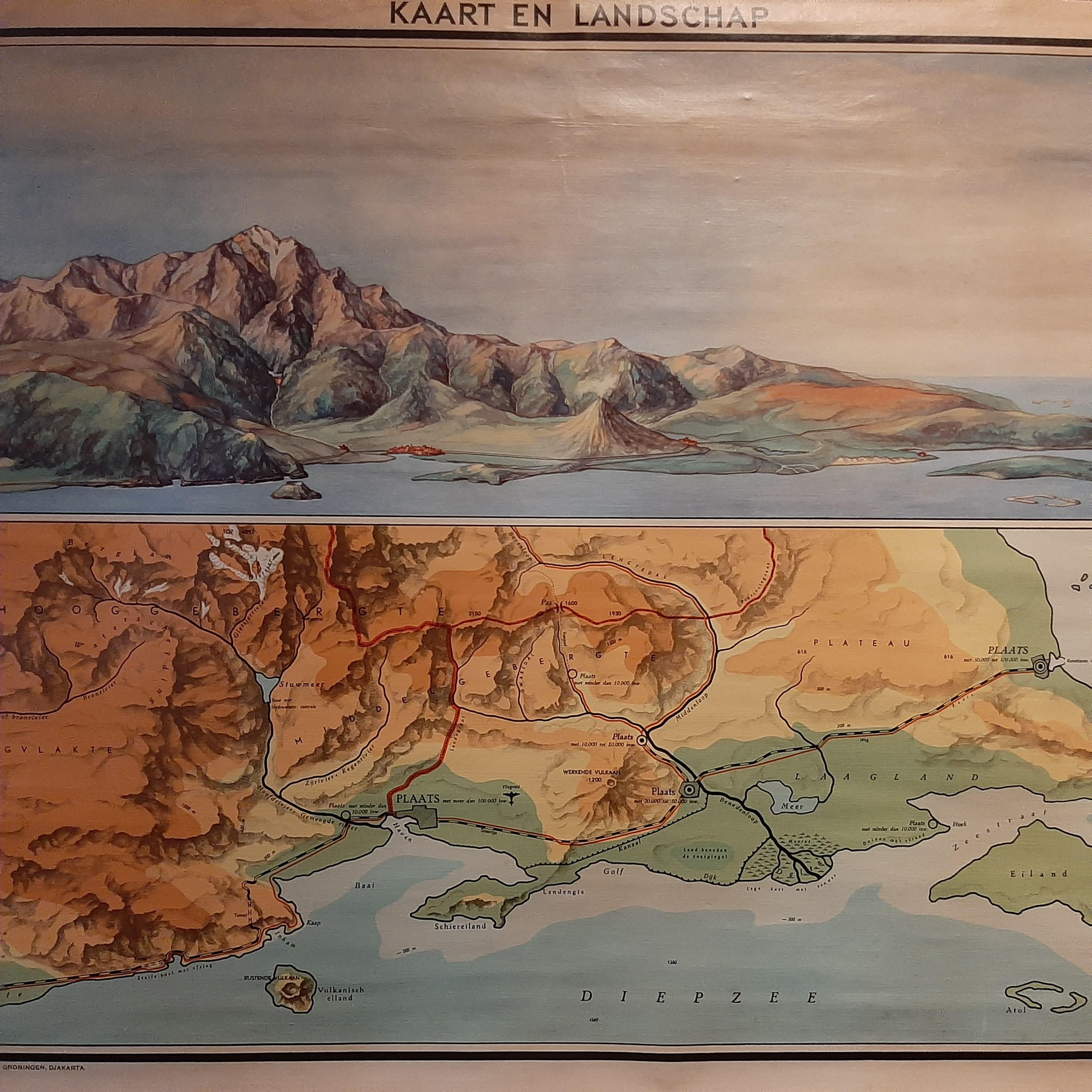 Vintage wall chart titled 'Kaart en Landschap'. This wall chart shows a mountain range and geographic map. Published by J.B. Wolters, circa 1955.