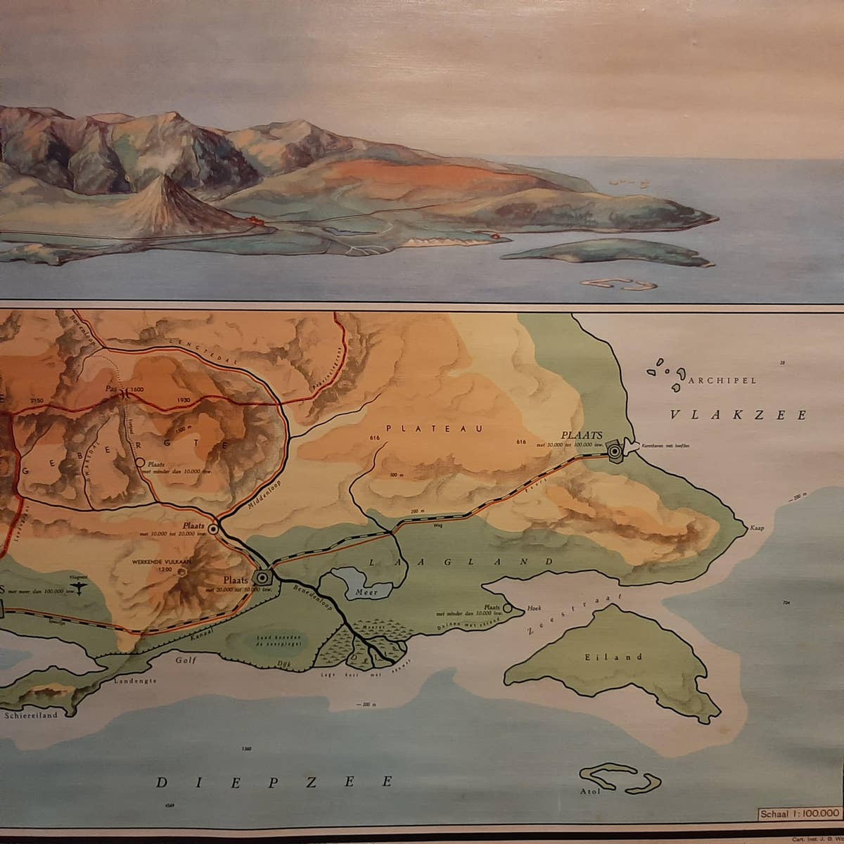 Vintage Wall Chart of a Landscape and Geographic Map, circa 1955