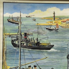 Vintage Wall Chart Poster Fishing Harbour Maritime Ships Sea Promenade