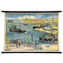 Vintage Wall Chart Poster Fishing Harbour Maritime Ships Sea Promenade