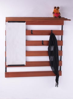 Vintage Wall Coat Rack with Metal and Wood with 5 Hooks and Hat Rack, 60s