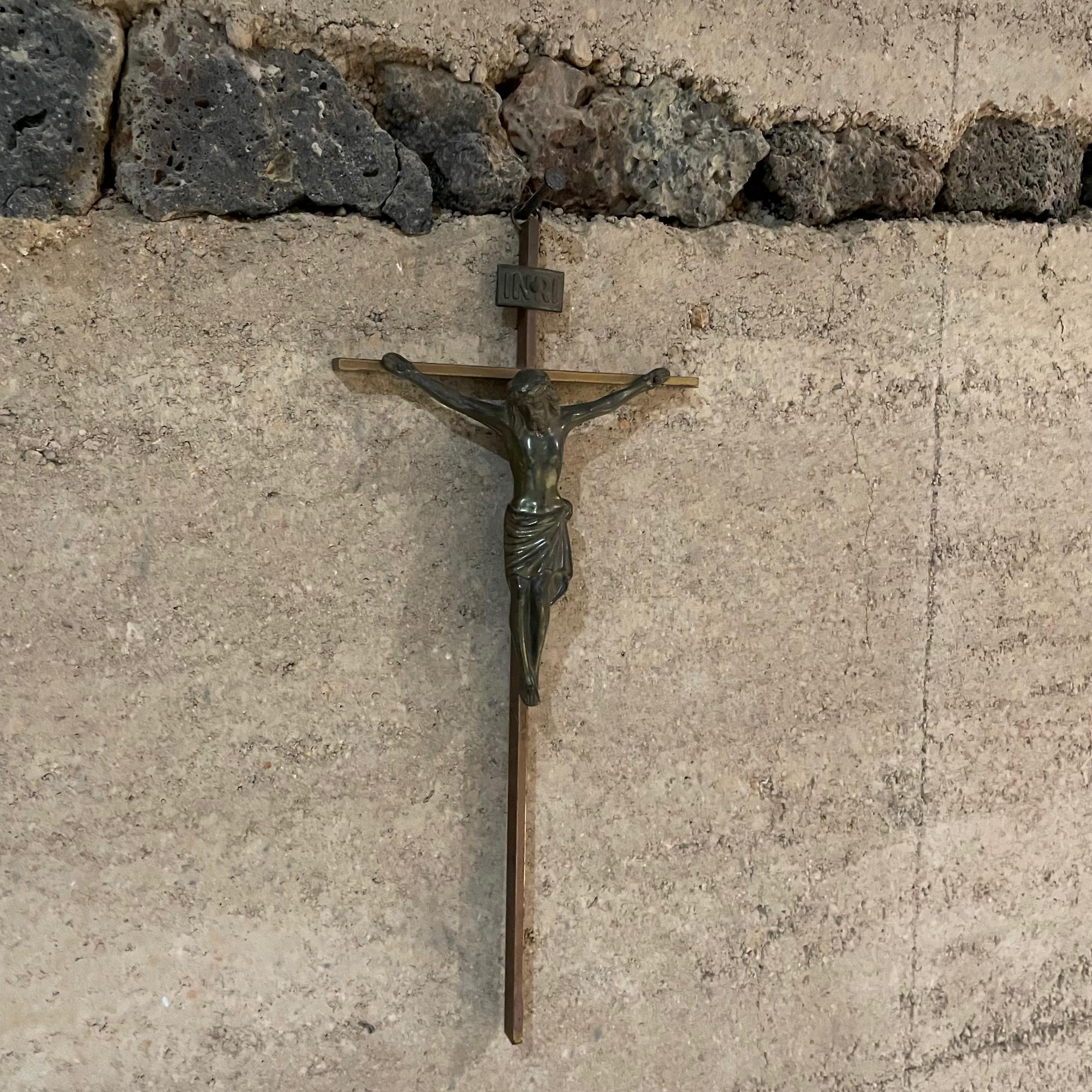 Mid-Century Modern Vintage Wall Crucifix Inri Cross in Patinated Bronze Made Germany