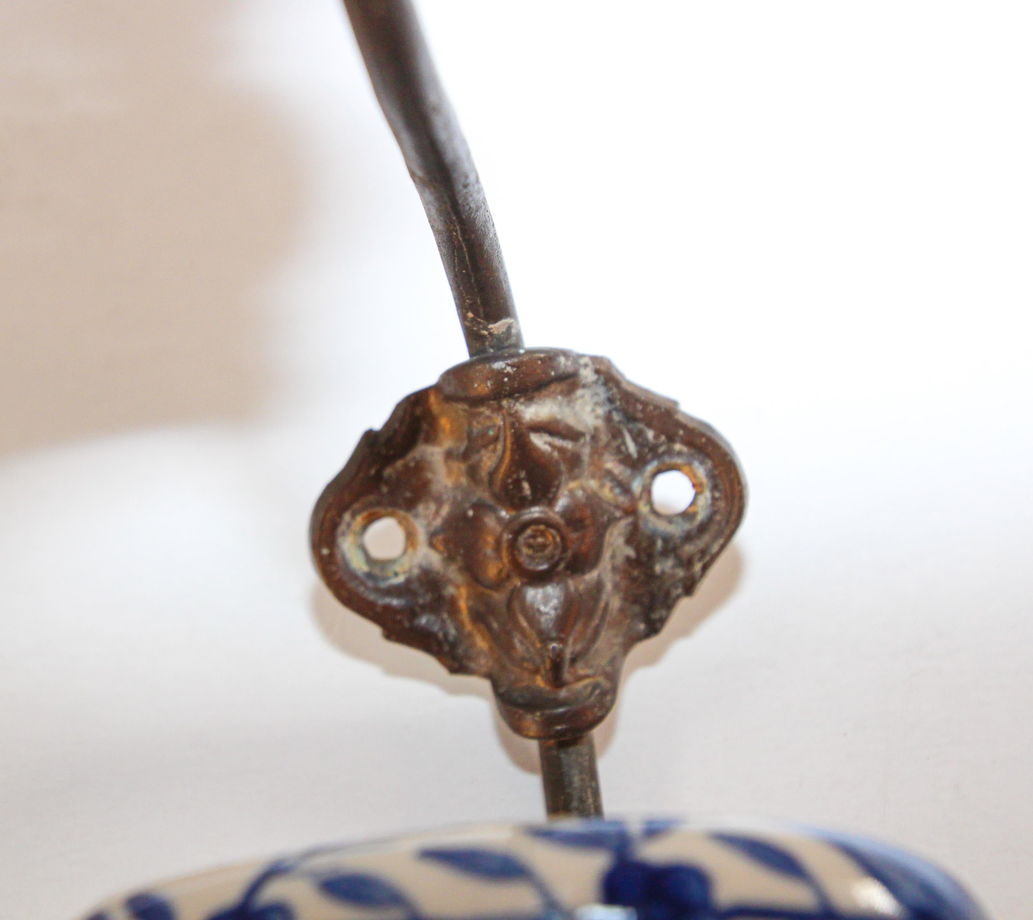 Vintage Wall Double Metal Brass Hook with Porcelain Dutch Delft Style Finals 4
