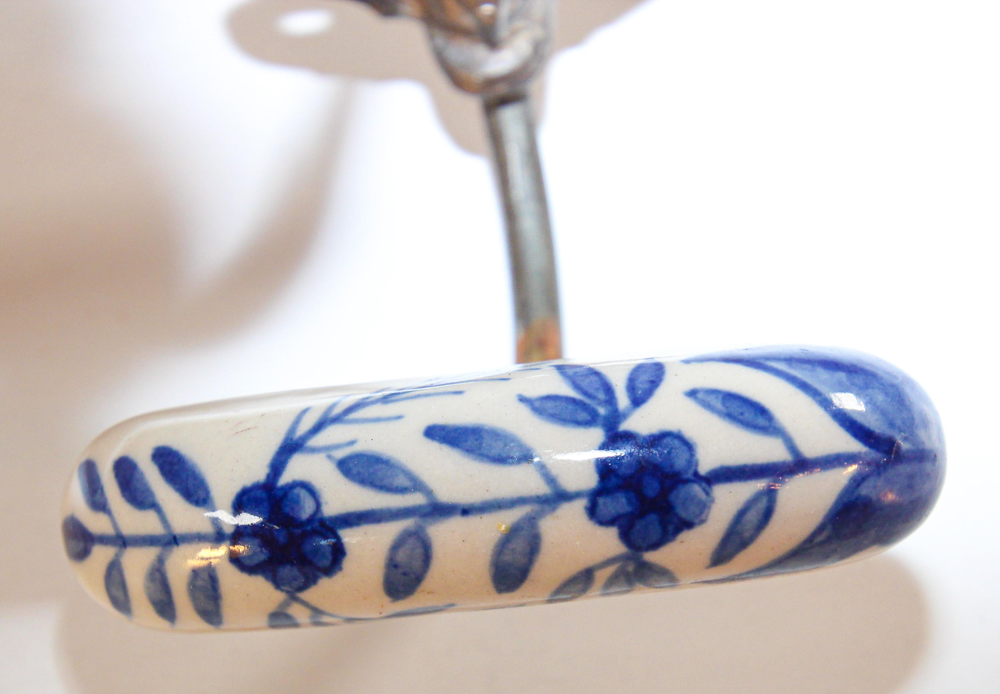 Vintage Wall Double Metal Brass Hook with Porcelain Dutch Delft Style Finals 5