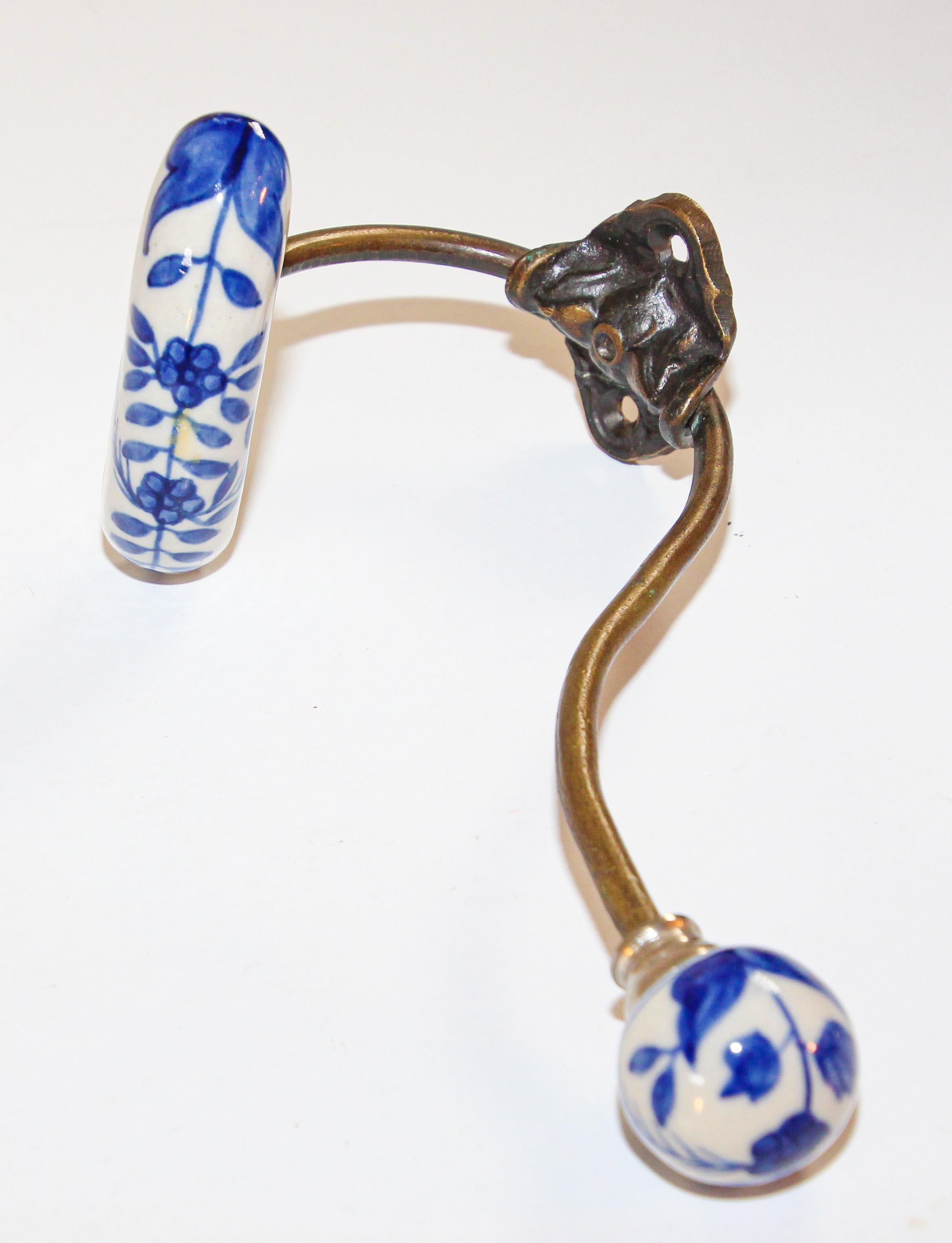 Vintage Wall Double Metal Brass Hook with Porcelain Dutch Delft Style Finals 7