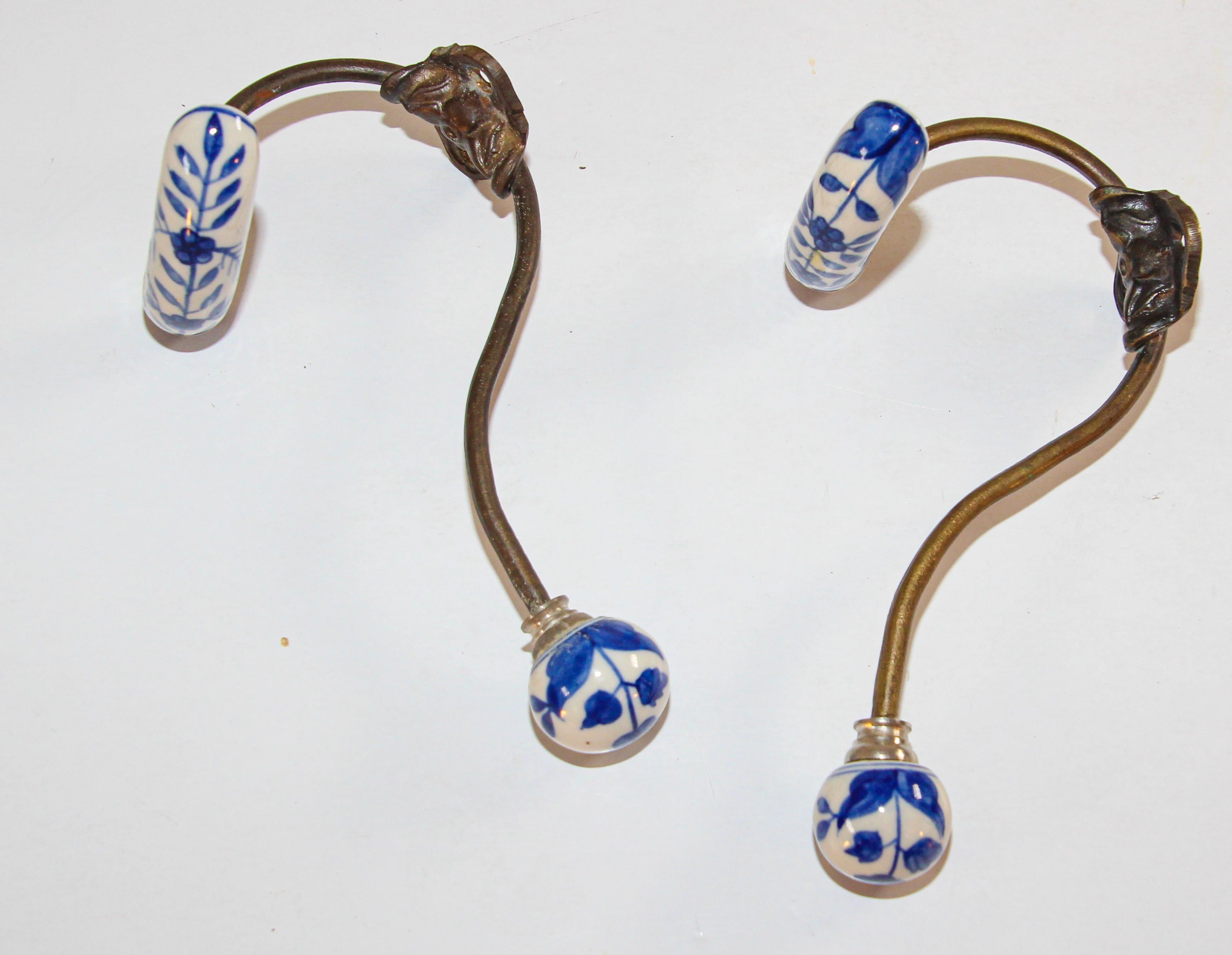 French Provincial Vintage Wall Double Metal Brass Hook with Porcelain Dutch Delft Style Finals
