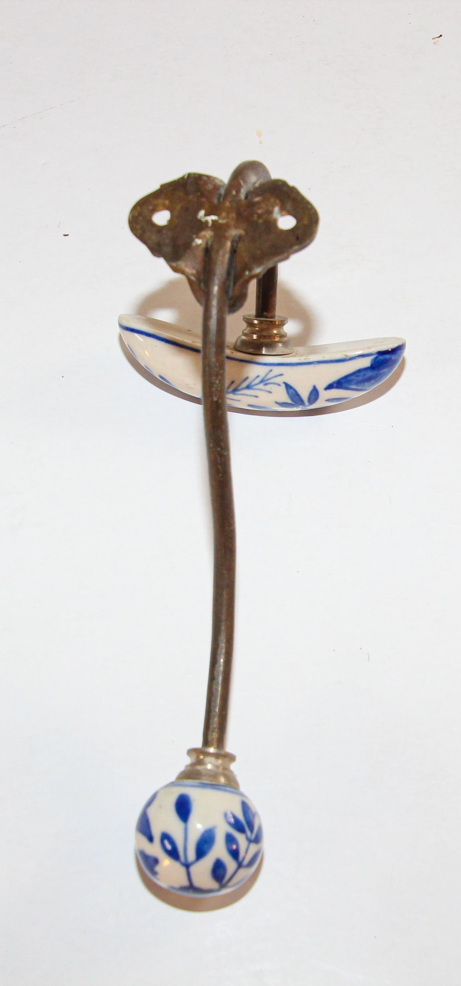 French Vintage Wall Double Metal Brass Hook with Porcelain Dutch Delft Style Finals