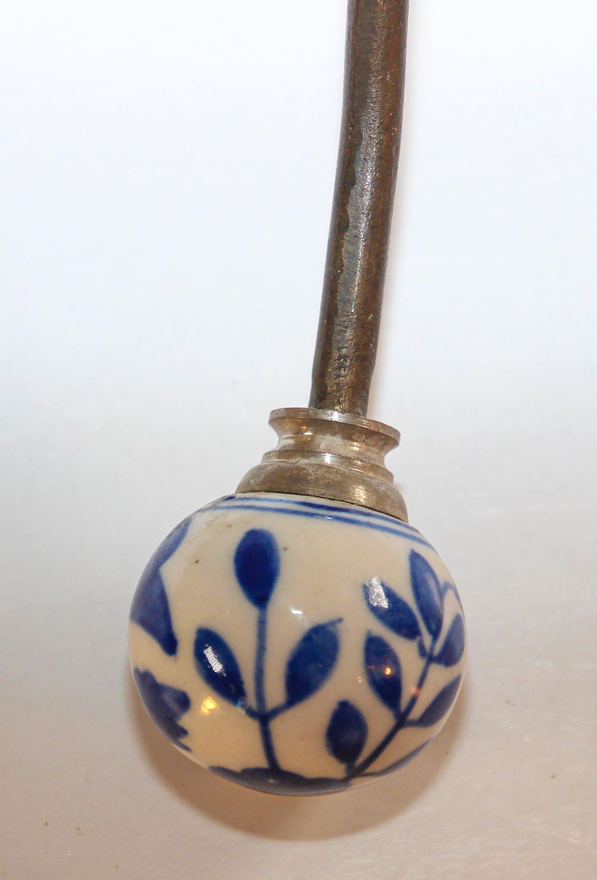 Cast Vintage Wall Double Metal Brass Hook with Porcelain Dutch Delft Style Finals