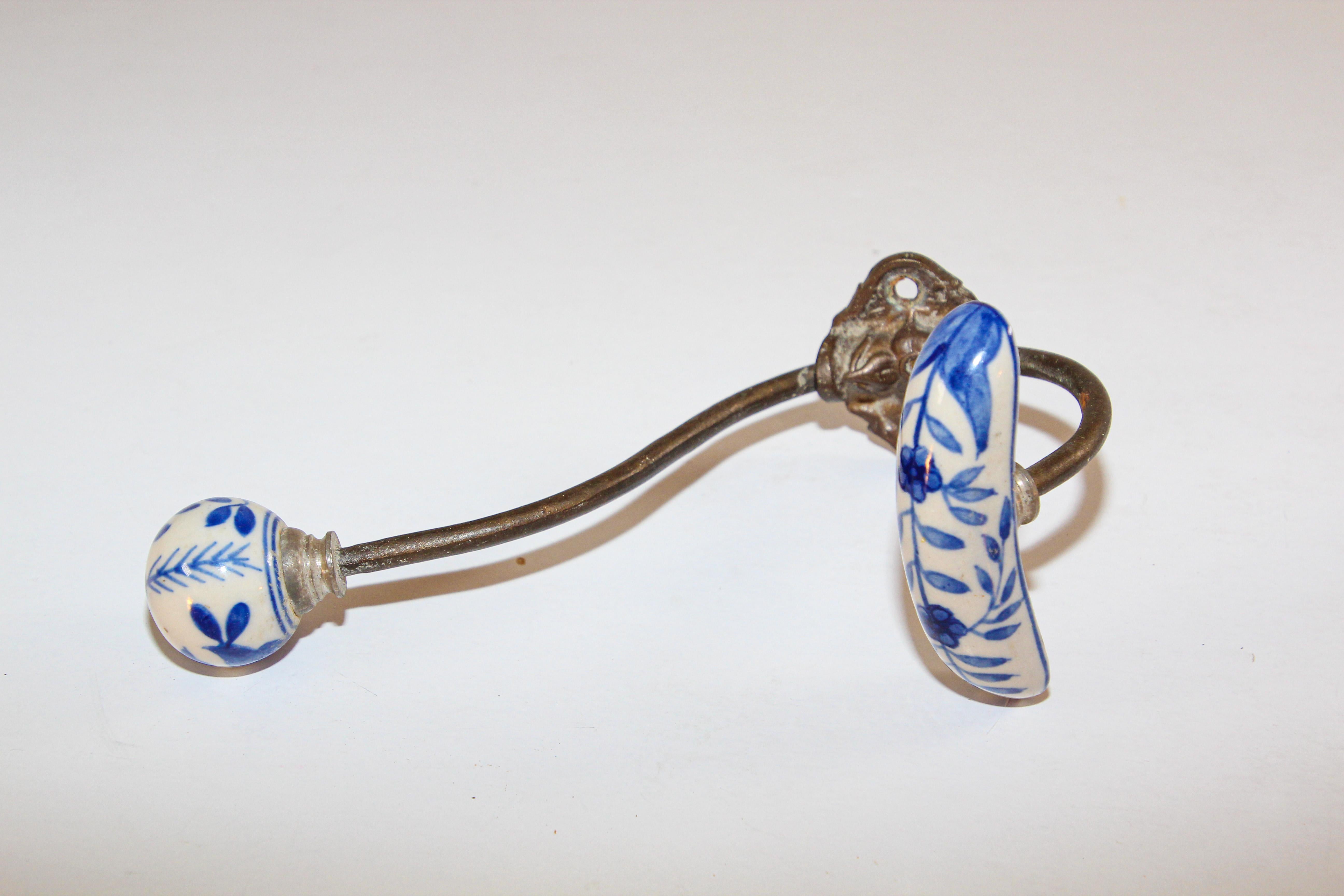 Vintage Wall Double Metal Brass Hook with Porcelain Dutch Delft Style Finals 2