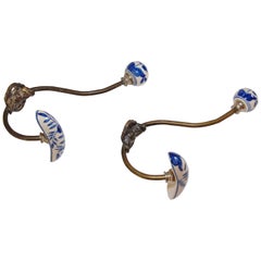 Vintage Wall Double Metal Brass Hook with Porcelain Dutch Delft Style Finals