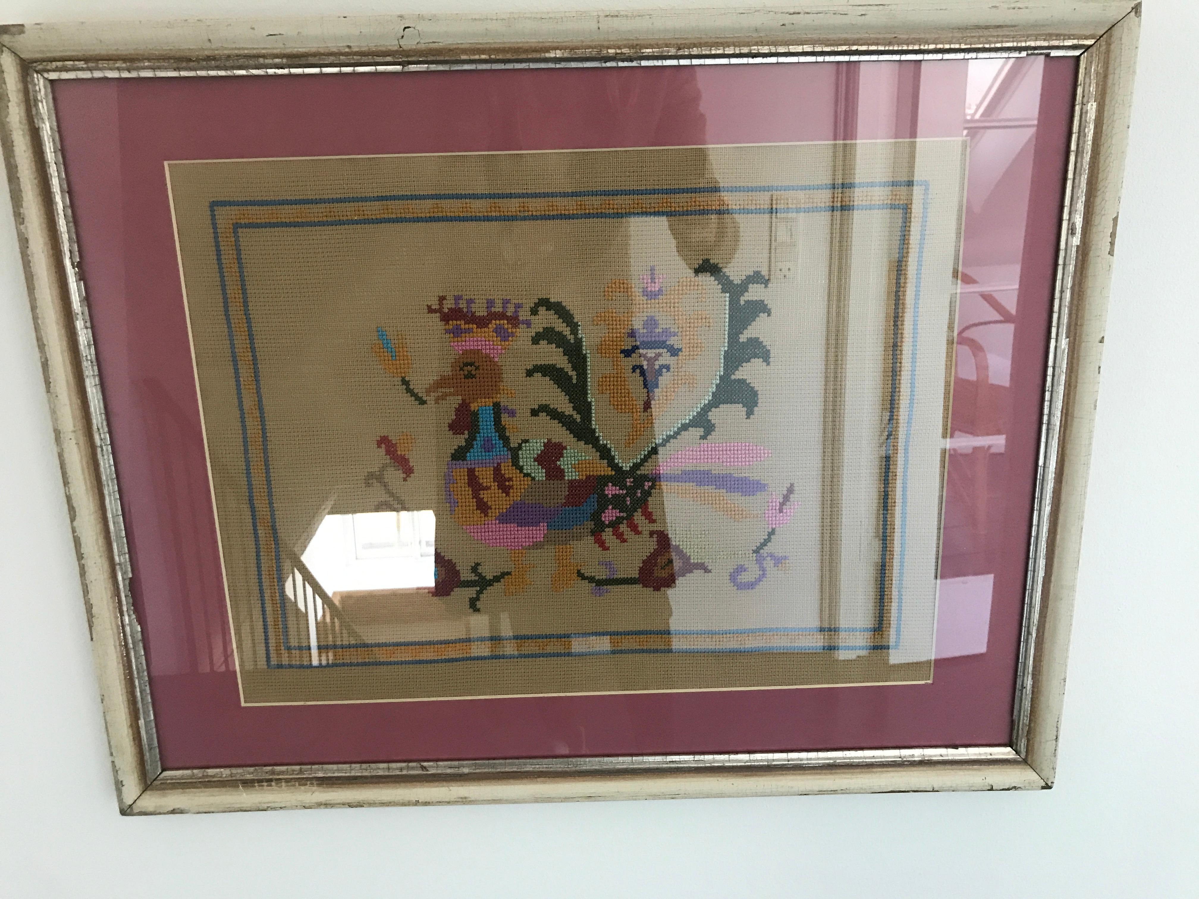 Textile Vintage Wall Embroidery in Antique Frame