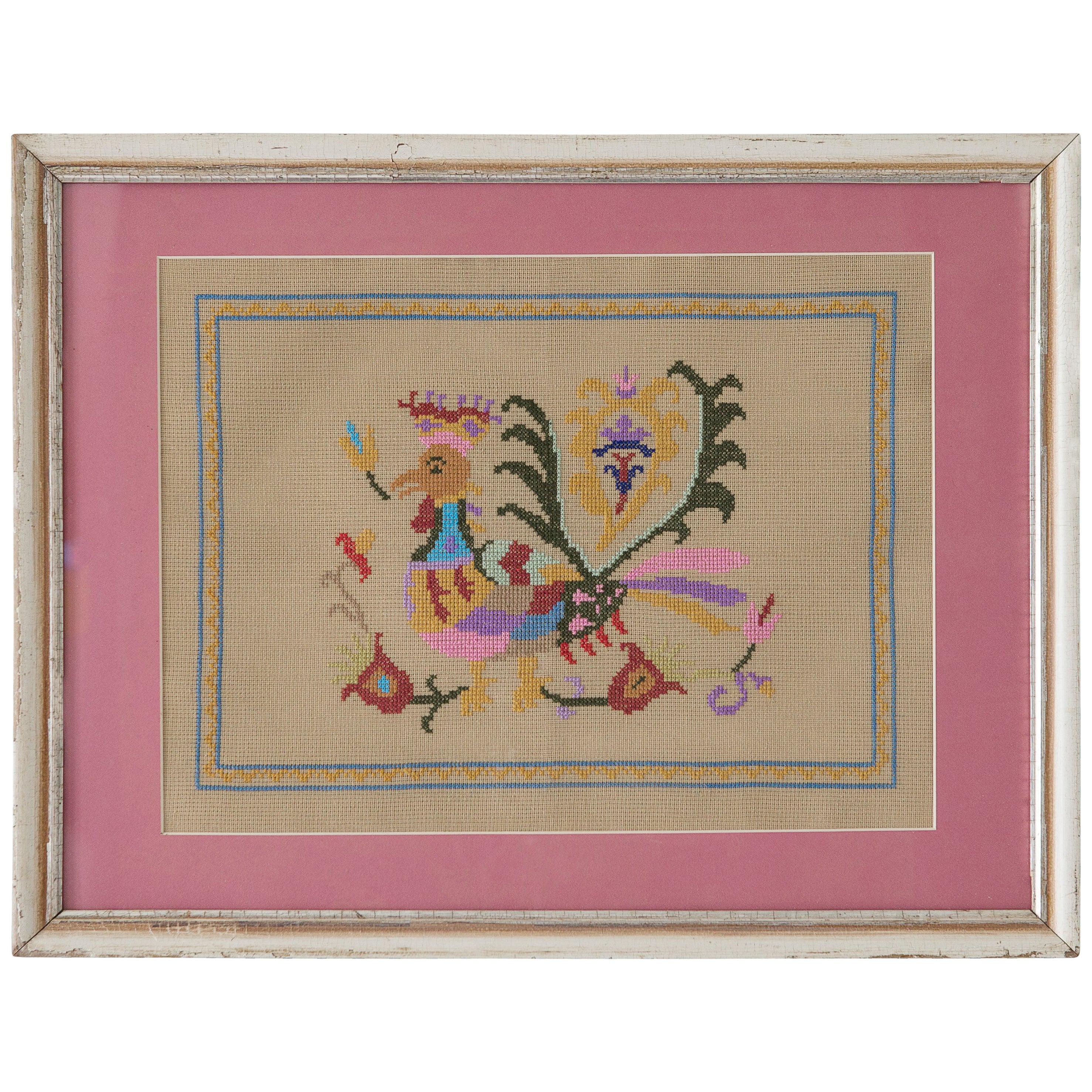 Vintage Wall Embroidery in Antique Frame