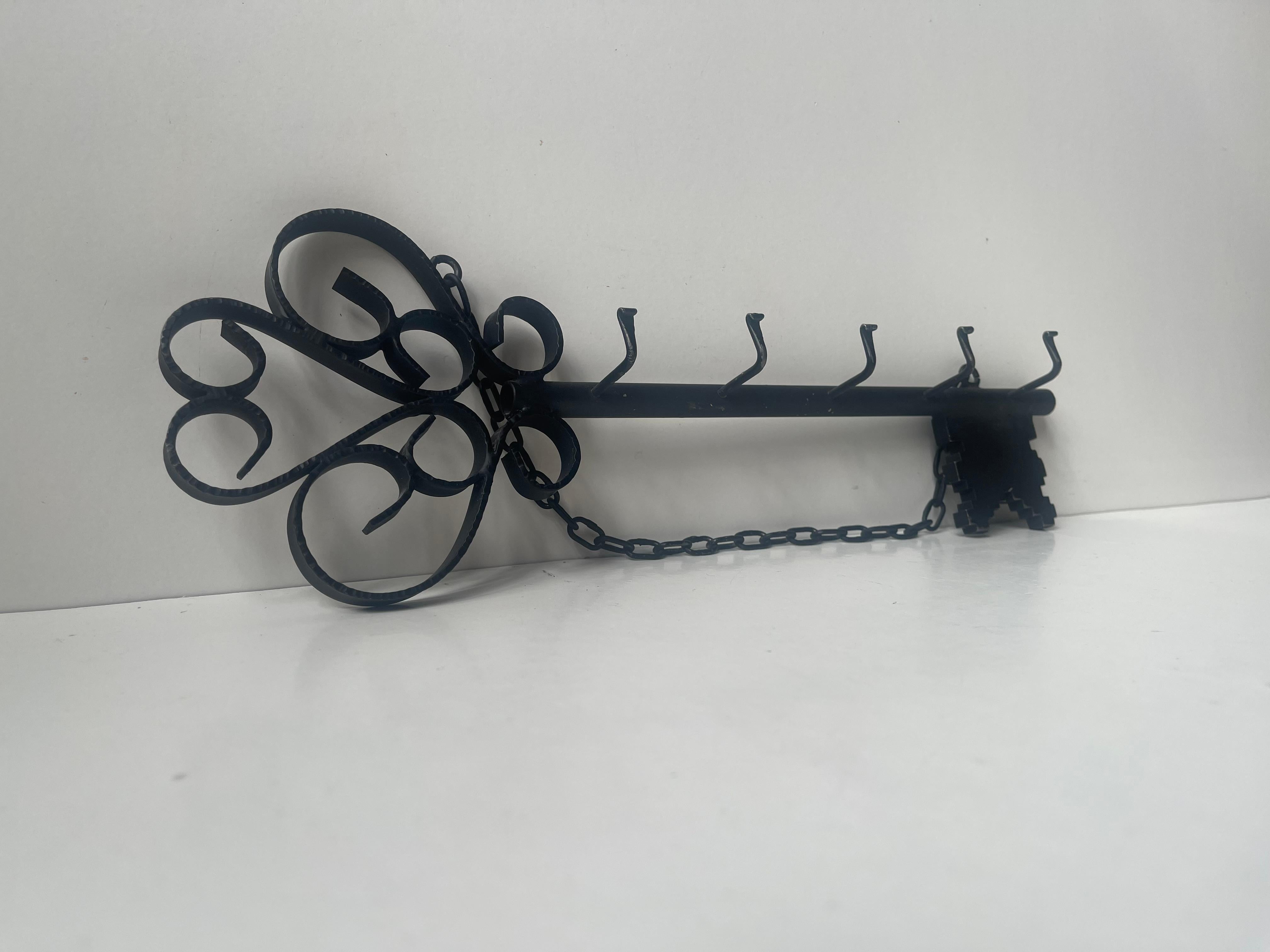 Vintage Wall Key Rack in Wrought Black Iron