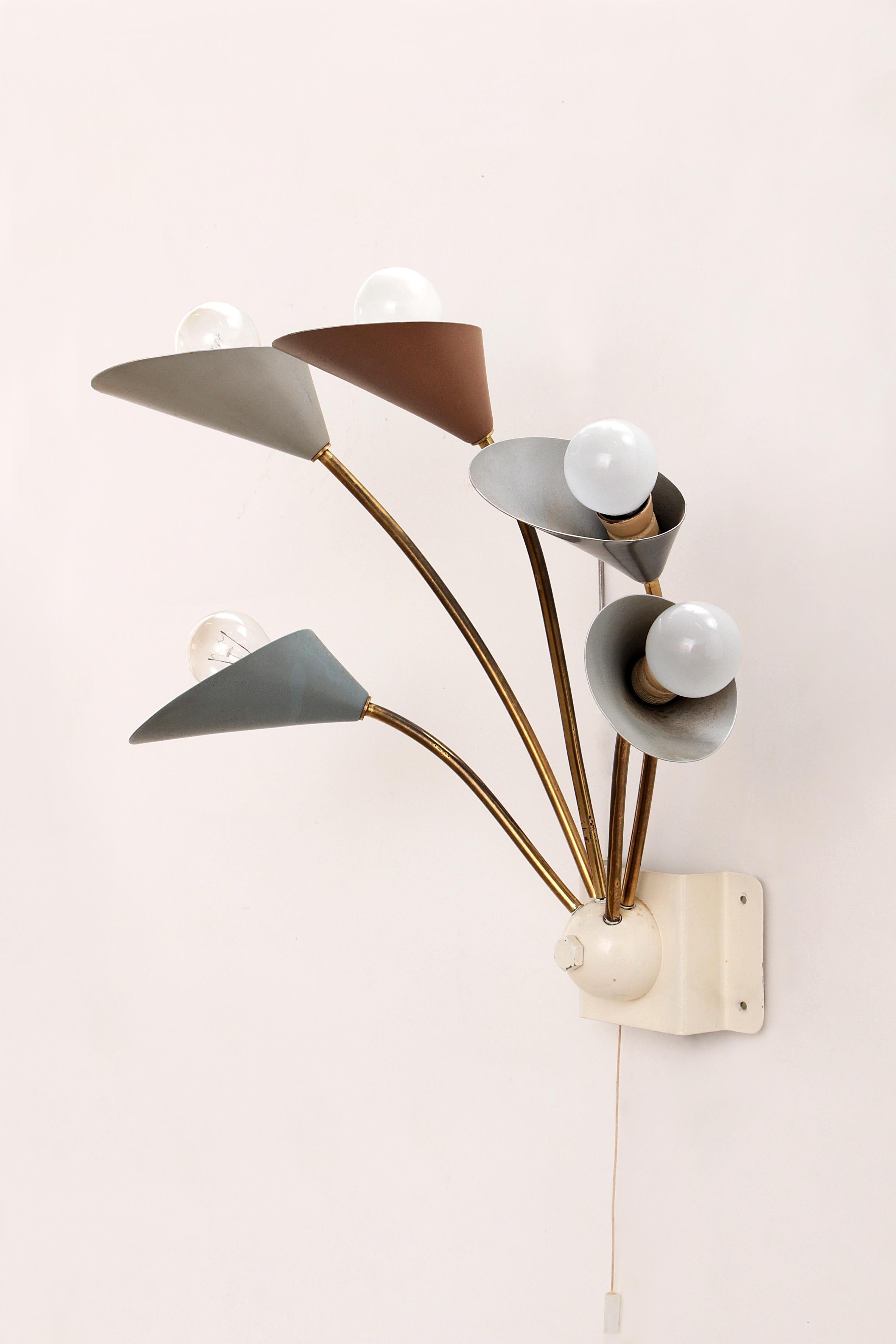 Mid-Century Modern Vintage Wall Lamp with 5 Lights - Brass Metal, 1960 Denmark For Sale