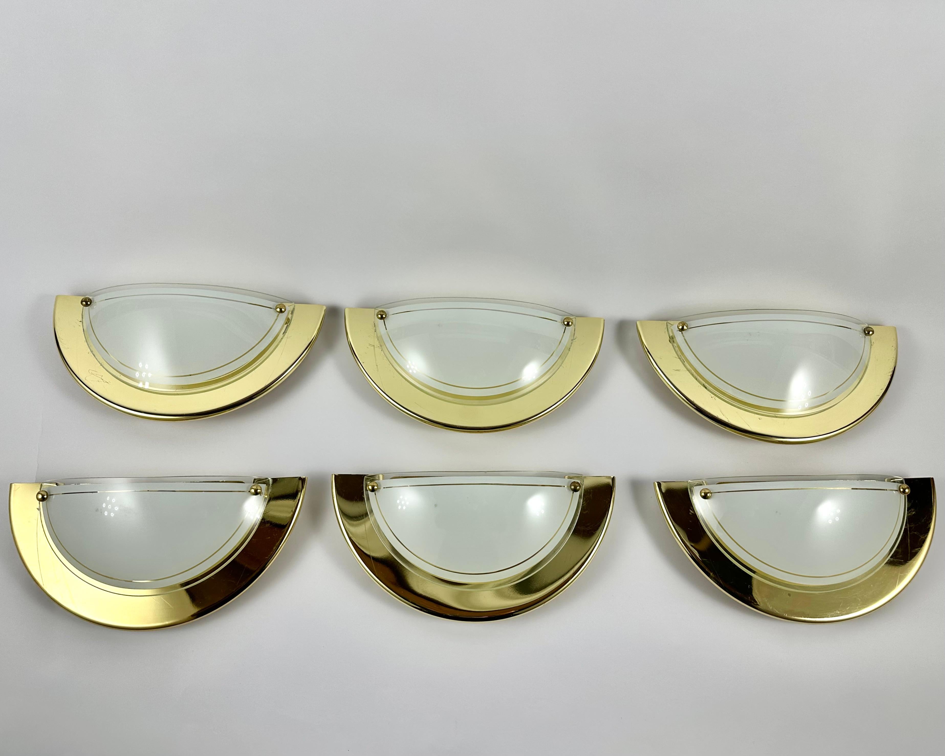 Belgian Vintage Wall Lamps Brass & Glass by Massive, Belgium, 1970 For Sale