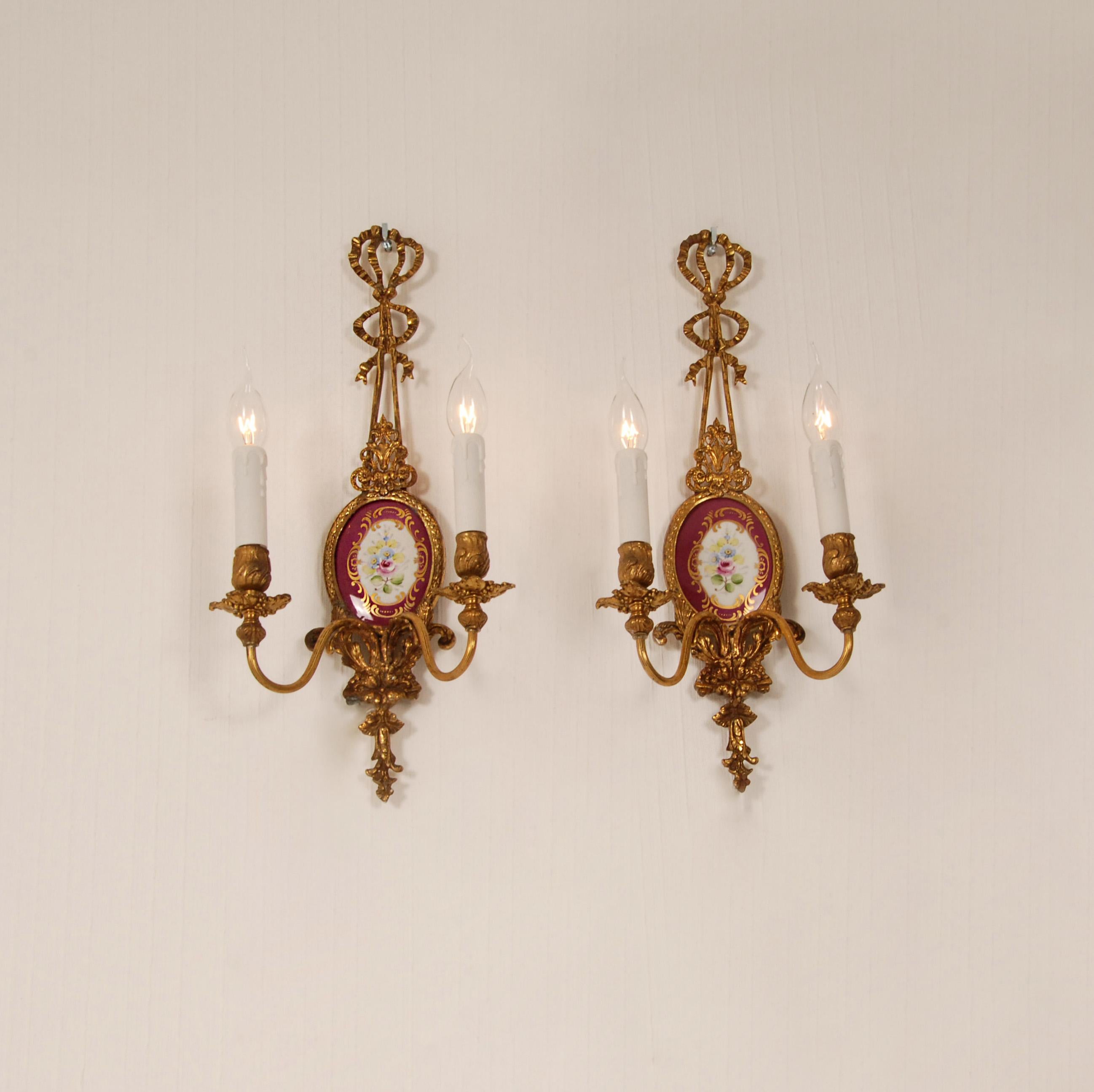 Cast Vintage Wall Lamps Gold Gilt Bronze Ribbons Porcelain Neoclassical sconces pair  For Sale
