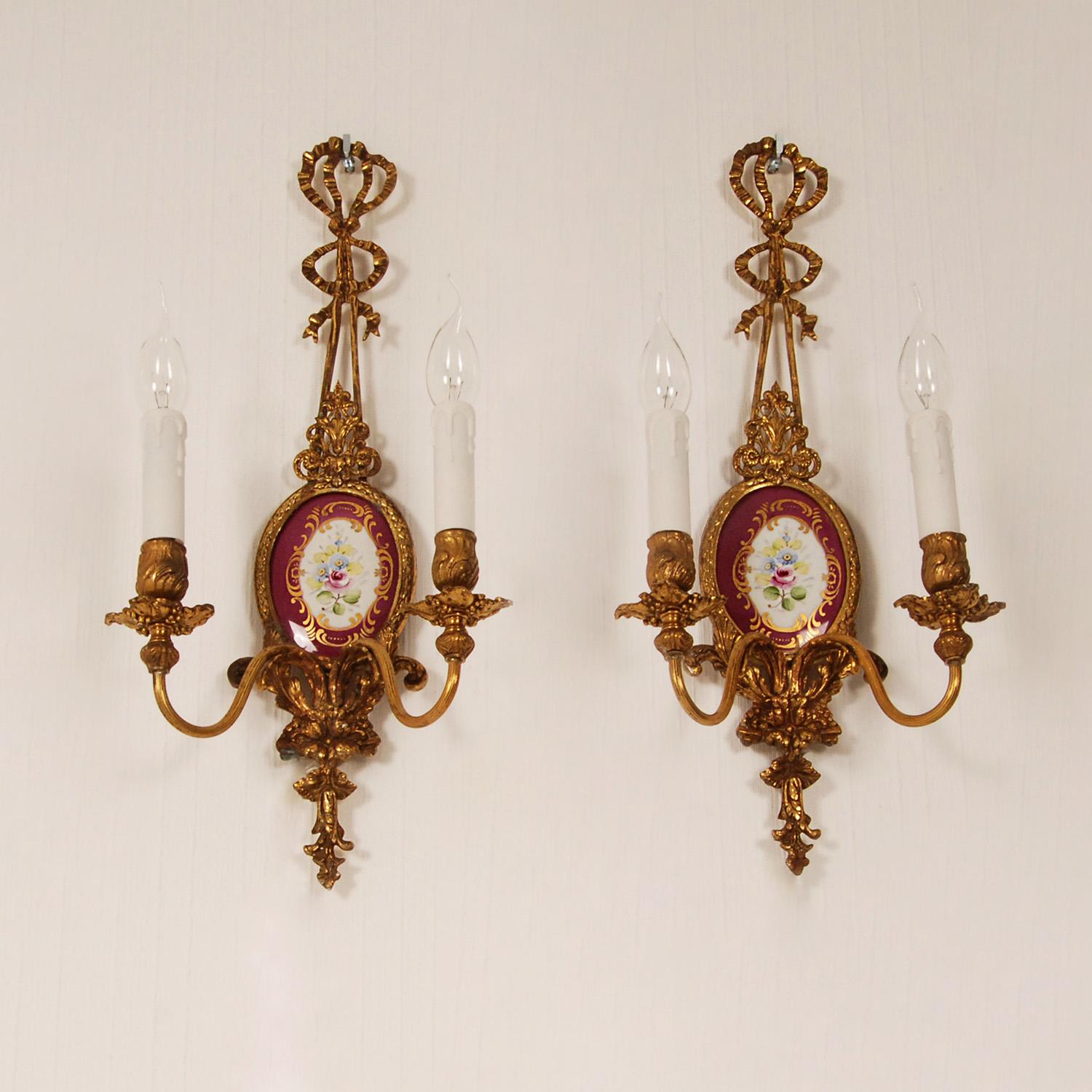 Mid-20th Century Vintage Wall Lamps Gold Gilt Bronze Ribbons Porcelain Neoclassical sconces pair For Sale