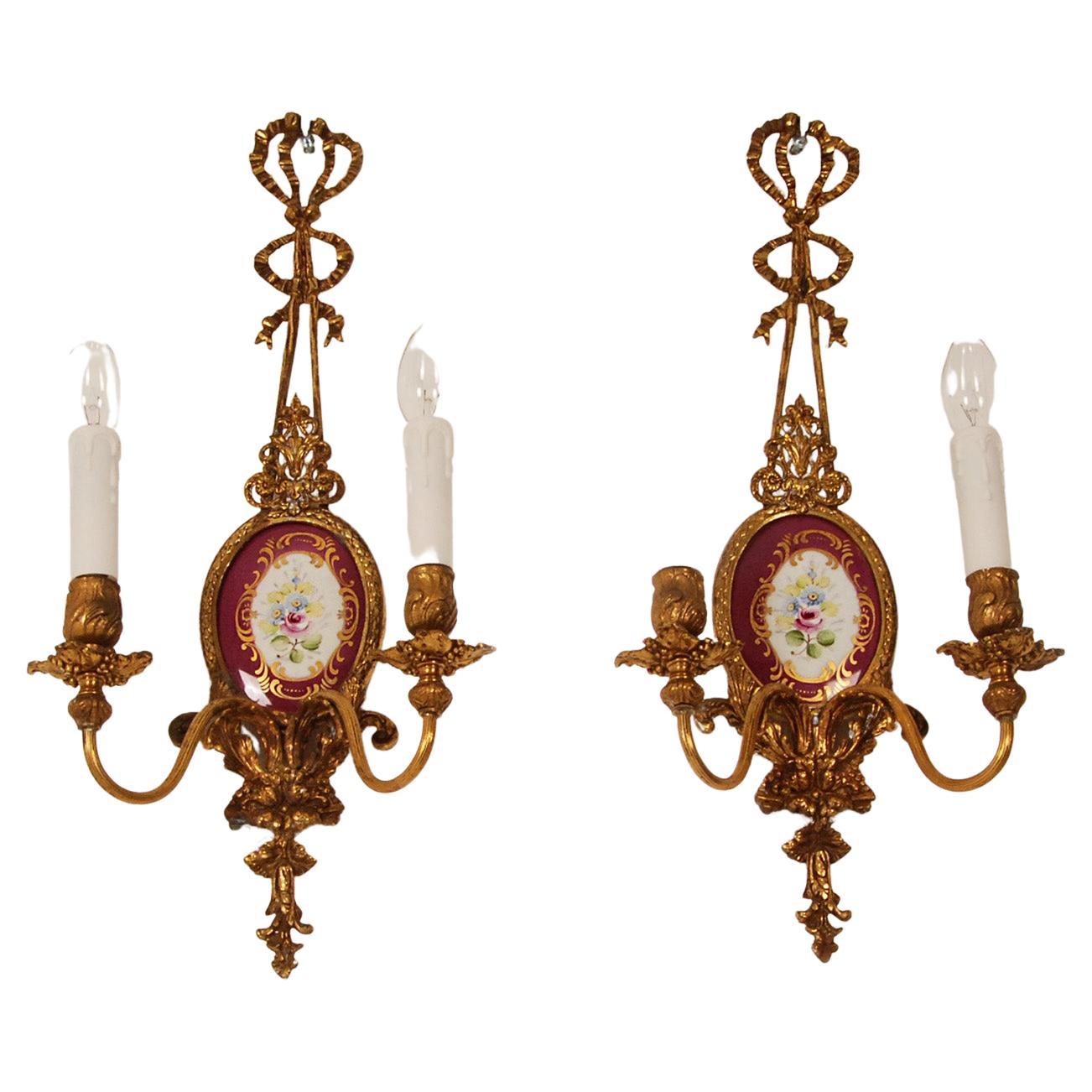 Vintage Wall Lamps Gold Gilt Bronze Ribbons Porcelain Neoclassical sconces pair  For Sale