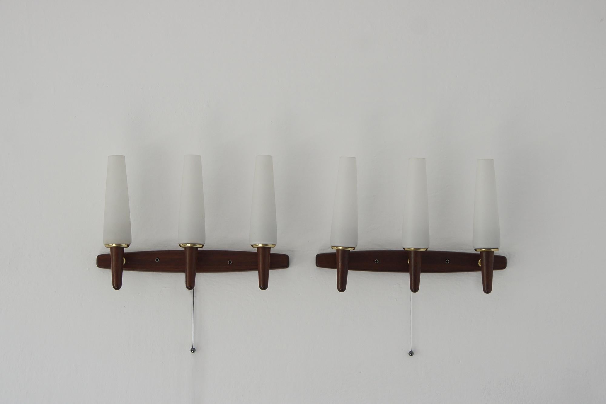 A modern set of Danish wall sconces in rosewood and opal glass made in the 1960s.

The design includes a back with rosewood wall section decorated with glass shades. Fine brass details.

All preserved in original condition.