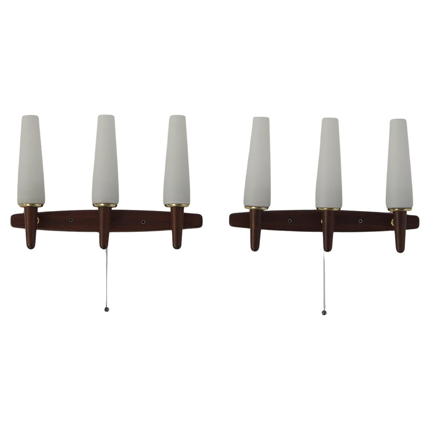 Vintage Wall Lamps with Rosewood Wall Part and Opaline Glass Shade, Set of 2 in vendita