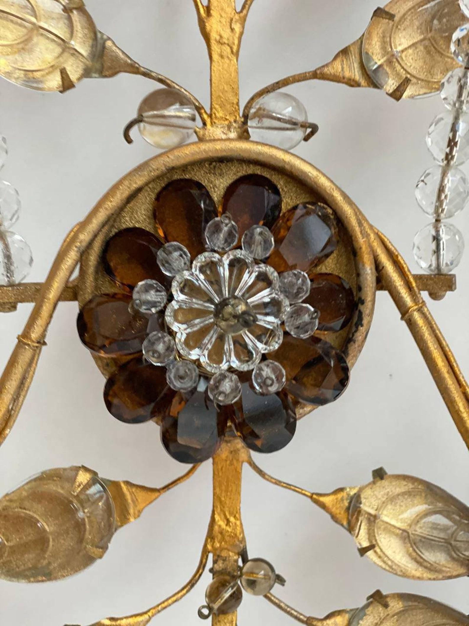 Vintage Wall Light in Metal with Crystal Flowers by Banci Firenze, 1960 In Good Condition In Bastogne, BE