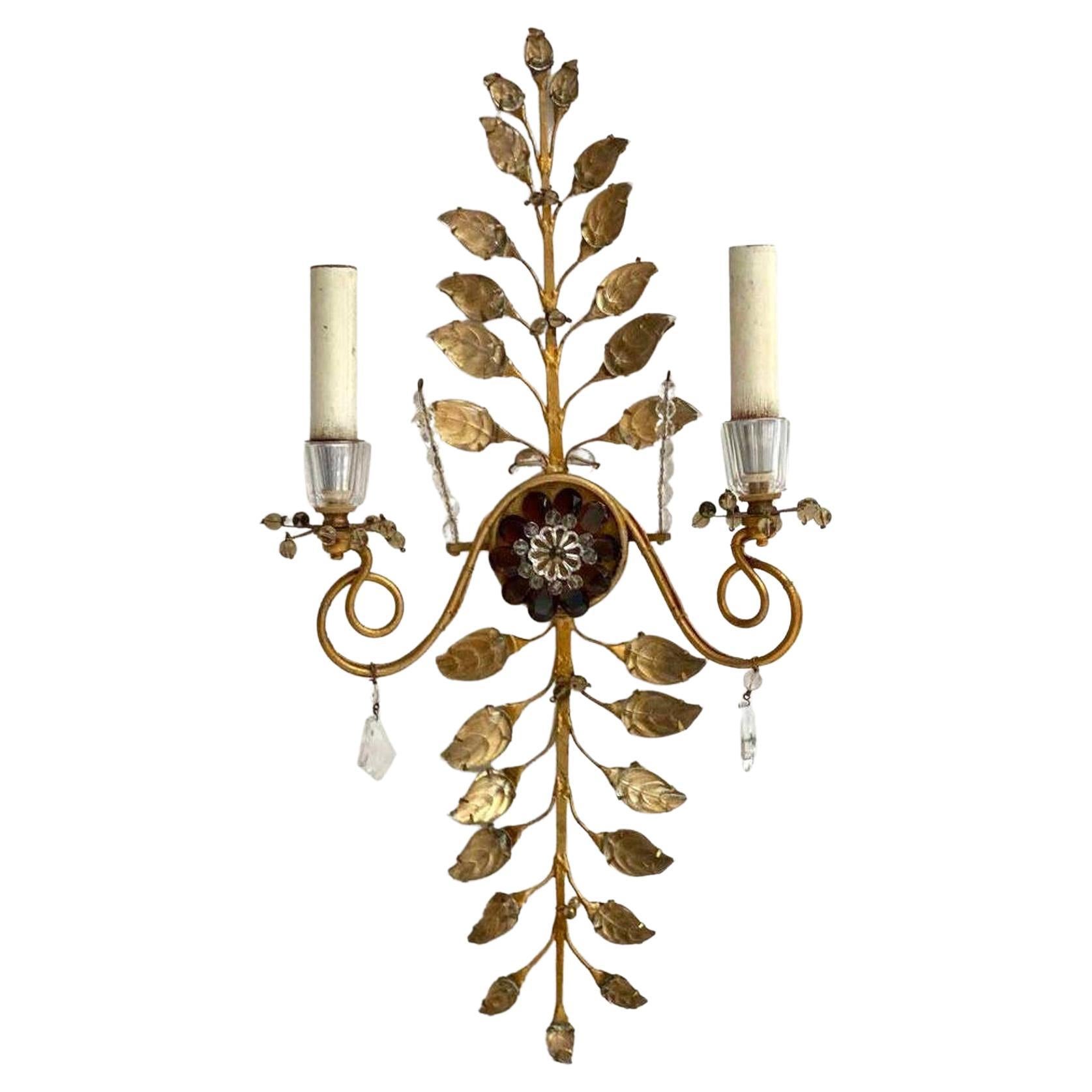 Italian Wall Light in Metal with Crystal Flowers, Banci Firenze Sconce, 1960 For Sale at 1stDibs
