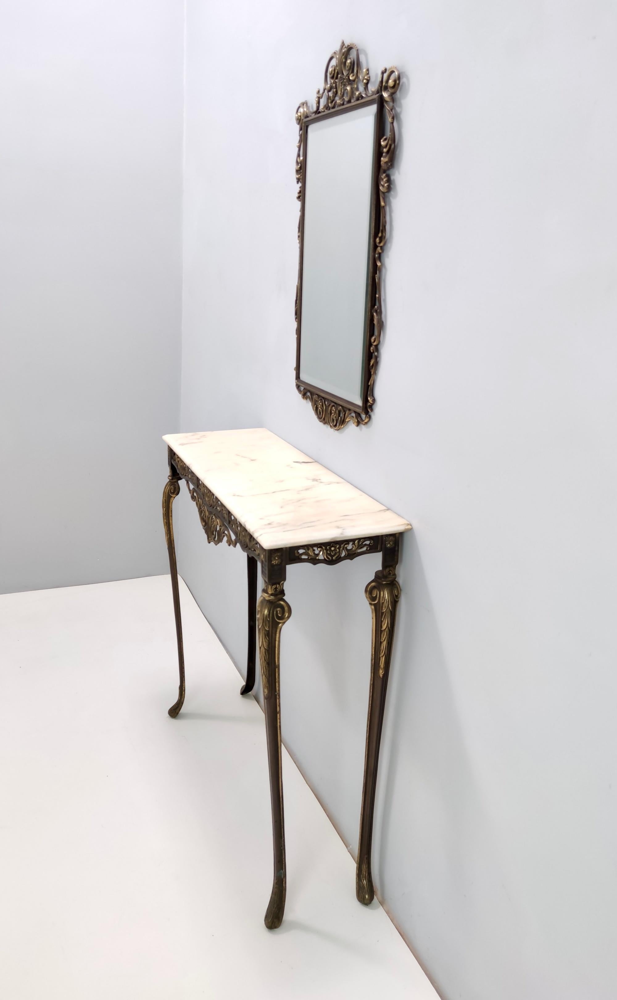 Italian Vintage Wall Mirror and Console with a Marble Top and Cast Brass Frame, Italy