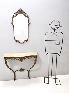 Specchio da parete e console vintage con piano in onice e cornice in ottone fuso, Italia