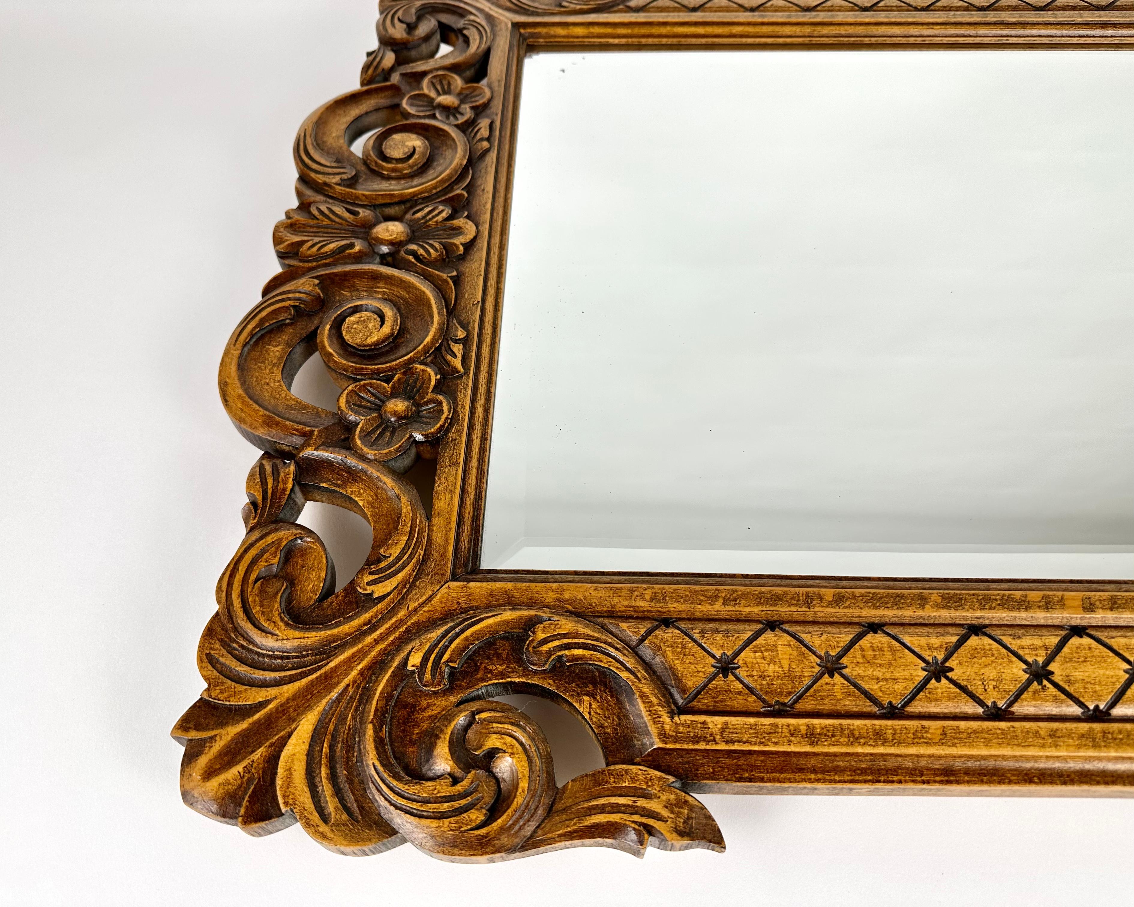 Baroque Vintage Wall Mirror In Wooden Carved Frame, 20th Century  For Sale